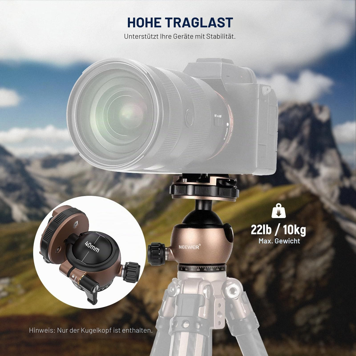 NEEWER Tripod Head Ball Head Tripod Mount Adapter, flat tripod head, ball mount, quick release with 1/4" QR plate, compatible with Peak Design Capture Camera Clip, max load 10kg, GM32 - GM32/40mm