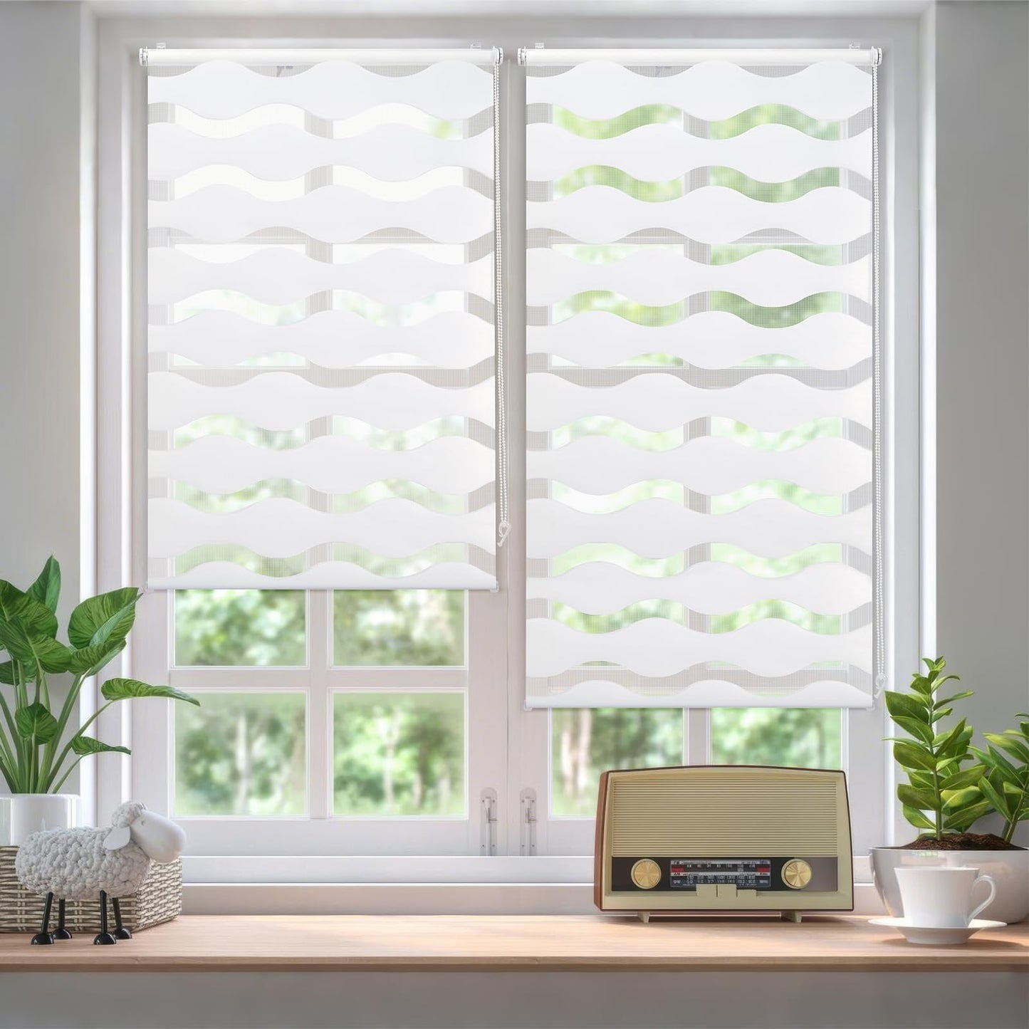 Sekey double roller blind waves Klemmfix without drilling for windows, double roller blind 110 cm wide, duo roller blind wave blinds sun protection, 110x150cm, white - BL-2635