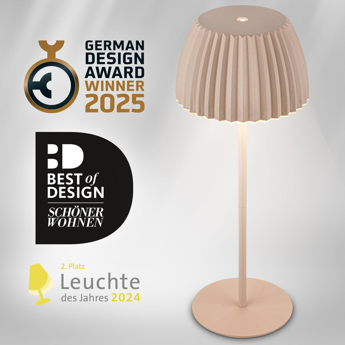 BRILONER - Riffle LED Table Lamp Wireless IP44 with Light Edge, Touch Dimmer, Replaceable Battery, Nightstand Lamp, Reading Lamp, LED Lamp, Battery Lamp, German Design Award Winner 2025, 14.5x36.5 cm, Beige - 7553011