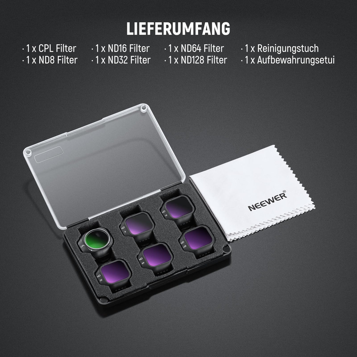 NEEWER CPL ND Filter Set Compatible with DJI Mini 5 Pro (CPL/ND8/ND16/ND32/ND64/ND128), 6-Pack, Snap-On Circular Polarizer Neutral Density Lens Filters, Multi-Coated Accessories for Drone Camera - FL-C69