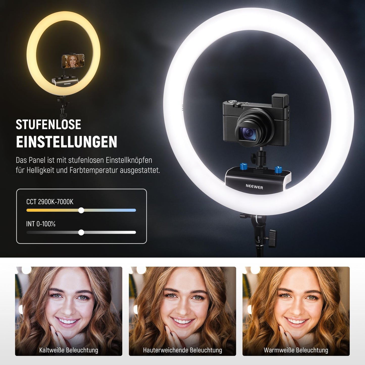 NEEWER Professional Ring Light with Stand and Phone Holder, 18" Thin, 45W 2900K-7000K TLCI98, Remote Shutter and App Control, Softer Lighting for Make up Live Stream TikTok, RP18B Pro White - 10103012