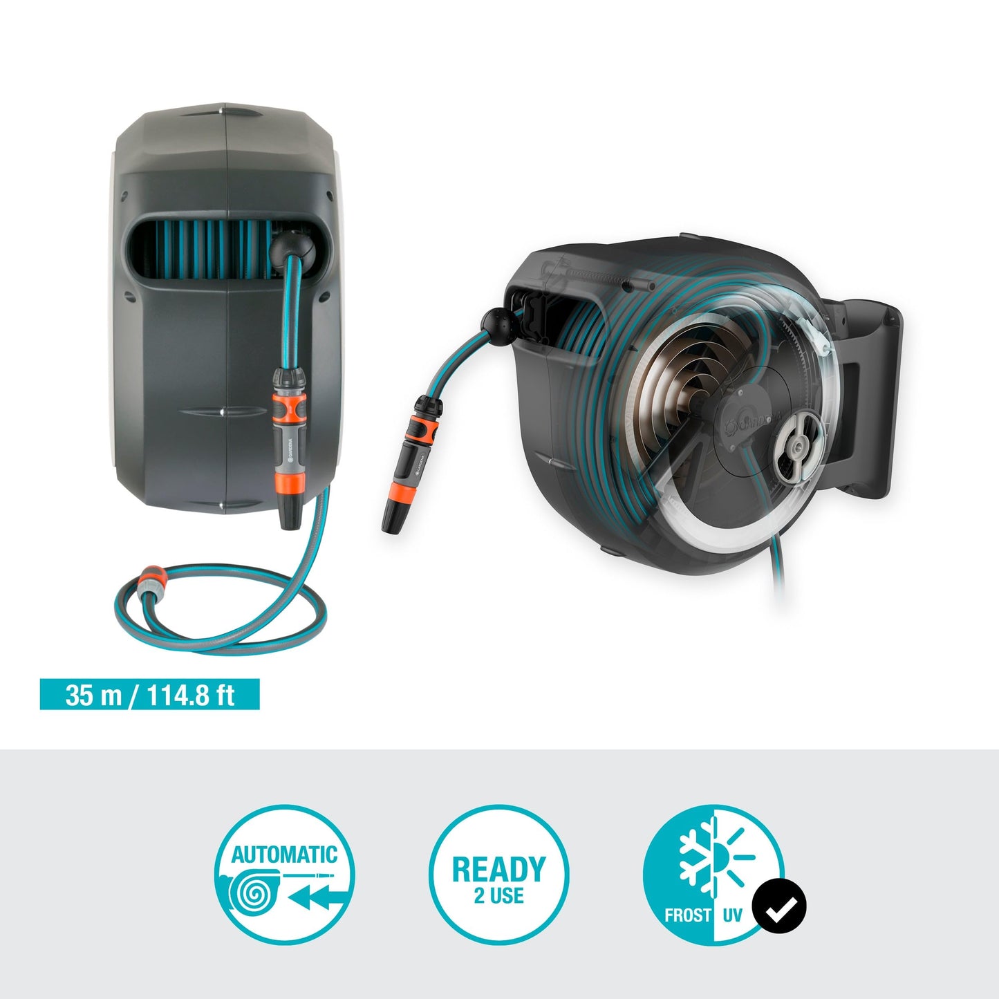 Gardena RollUp XL wall hose box 35 m Exclusive for Amazon: flexible irrigation for large gardens, swiveling hose box, including 35 m quality hose with shower and cleaning syringe (18632-60)