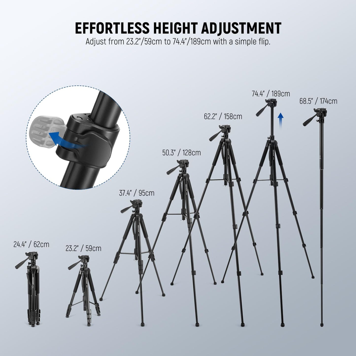 NEEWER Basic 74" Video Tripod Monopod with 3-Way Pan Tilt Head & Remote Control, Camera Holder with Central Axis, Phone Holder for DSLR, iPhone, Telescope, Max Load 17.6lb, TP05