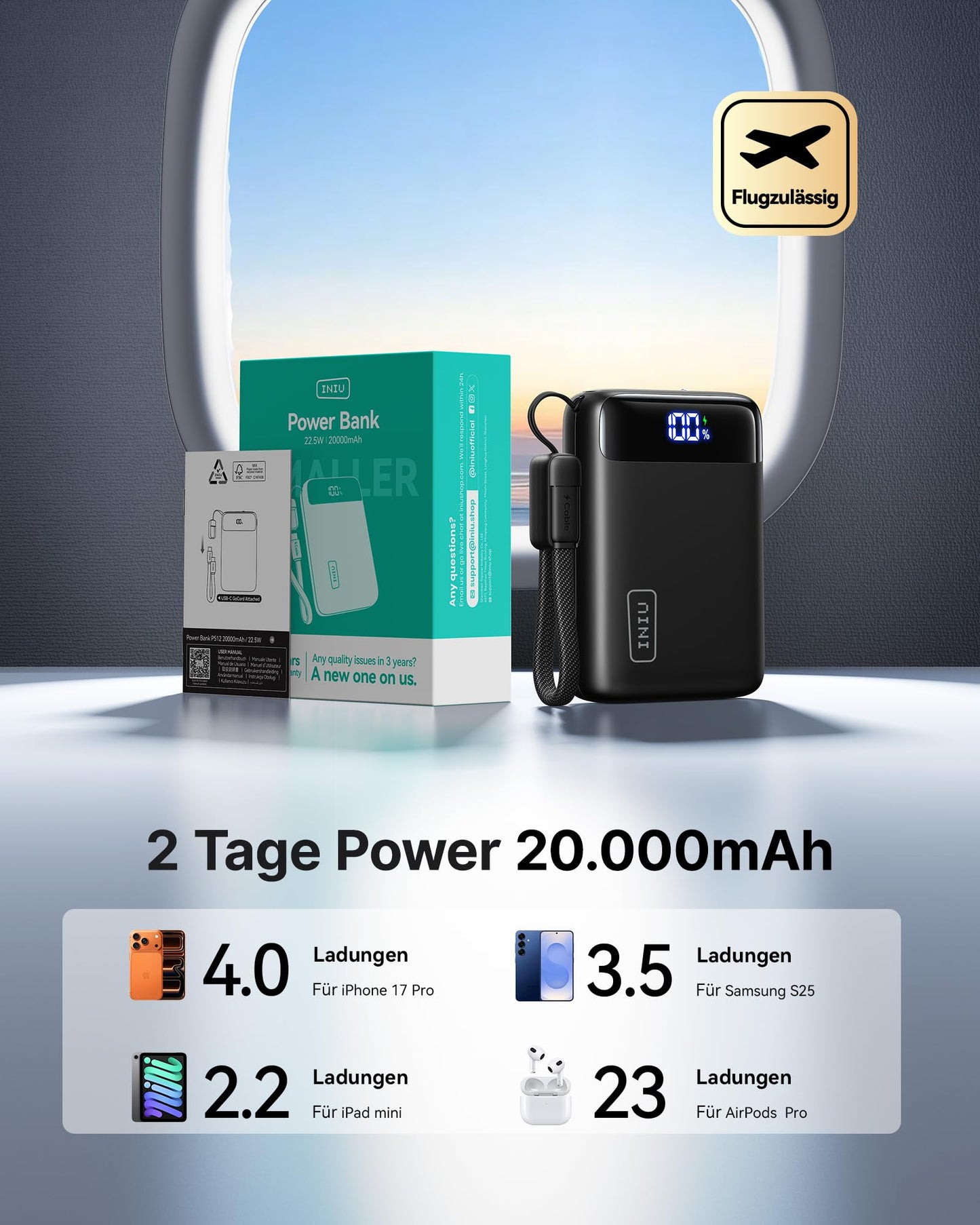 INIU Ultra Small 20000mAh Power Bank, 22.5W Quick Charge PowerBank with Removable USB C Cable, Suitable for Flight & Travel Essential, External Mobile Phone Batteries for iPhone 17 16 15 Pro, Samsung S25, Xiaomi, iPad etc - P512