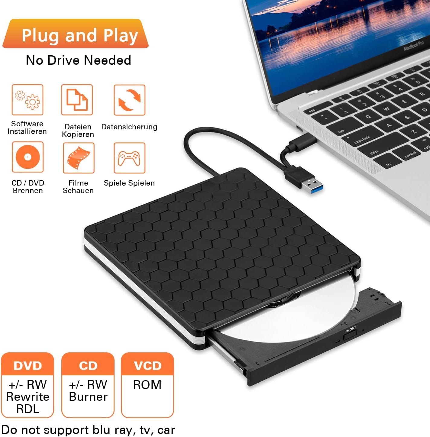 Amicool External DVD Drive, USB 3.0 Type-C CD DVD +/-RW Optical Drive USB C Burner Slim CD/DVD ROM Rewriter Writer Reader Portable for PC Laptop Desktop MacBook Mac Windows 7/8.1/10 Linux OS Apple - BT686