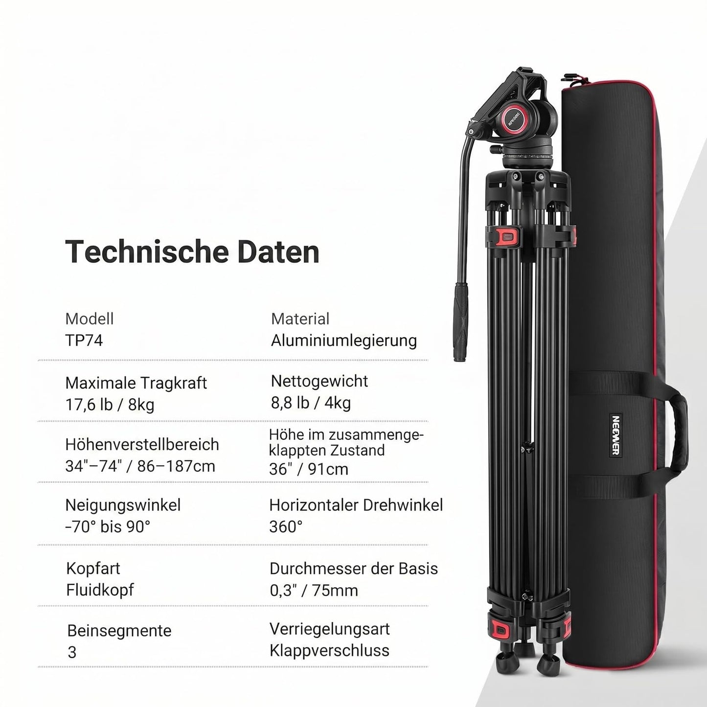 NEEWER 74" Pro Video Tripod with Fluid Head, QR Plate Compatible with DJI RS Gimbals, Heavy Duty Camera Tripod with Telescopic Handle Scaled Base for DSLR, Max Load 17.6lb/8kg, TP74