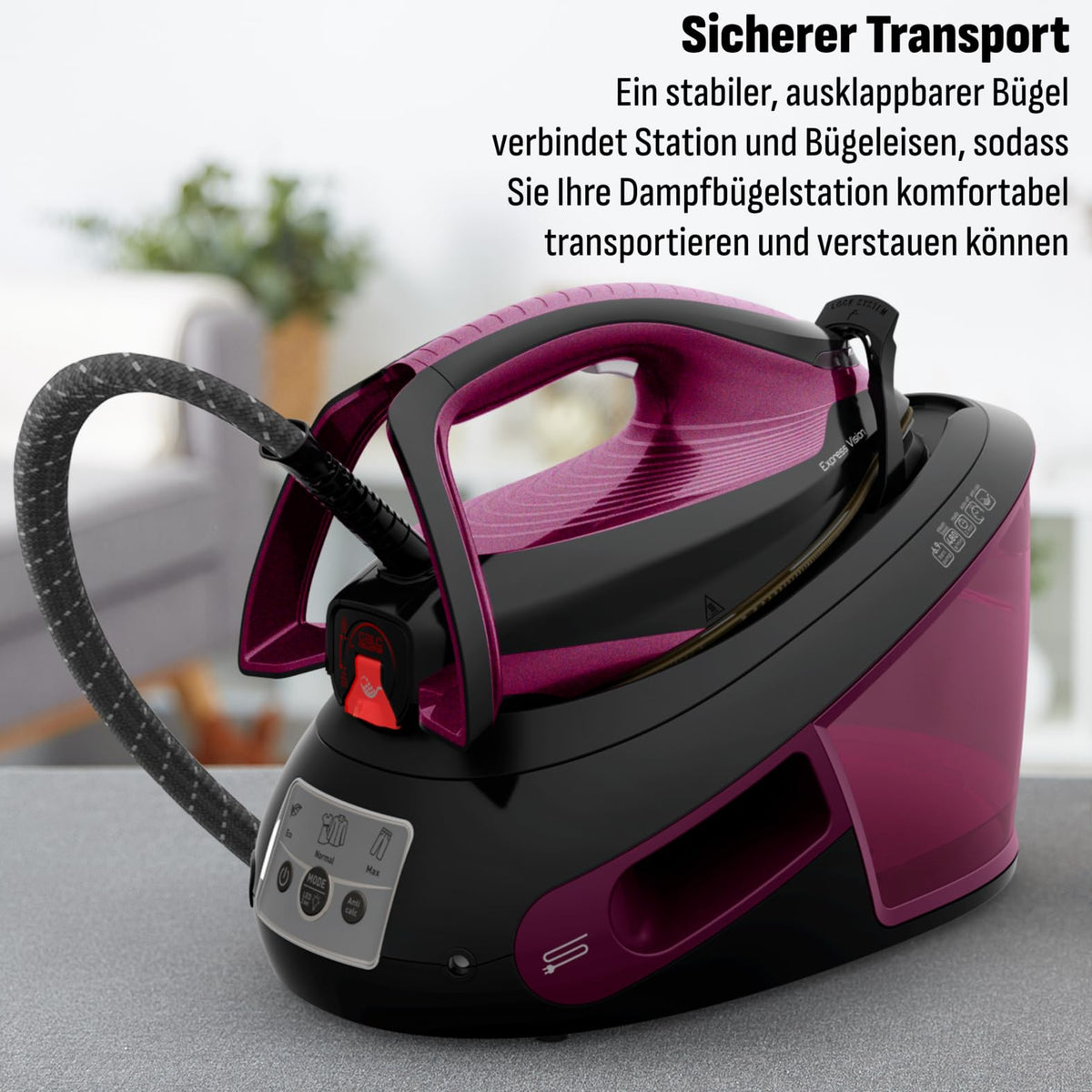 Tefal Express Vision, putere puternică de 6,9 bari, impuls de abur: 480g/min, tehnologie Smart Temp, iluminare LED, colector de calcar detașabil, mod Eco, rezervor de apă de 1,8 L, violet/negru, SV8152
