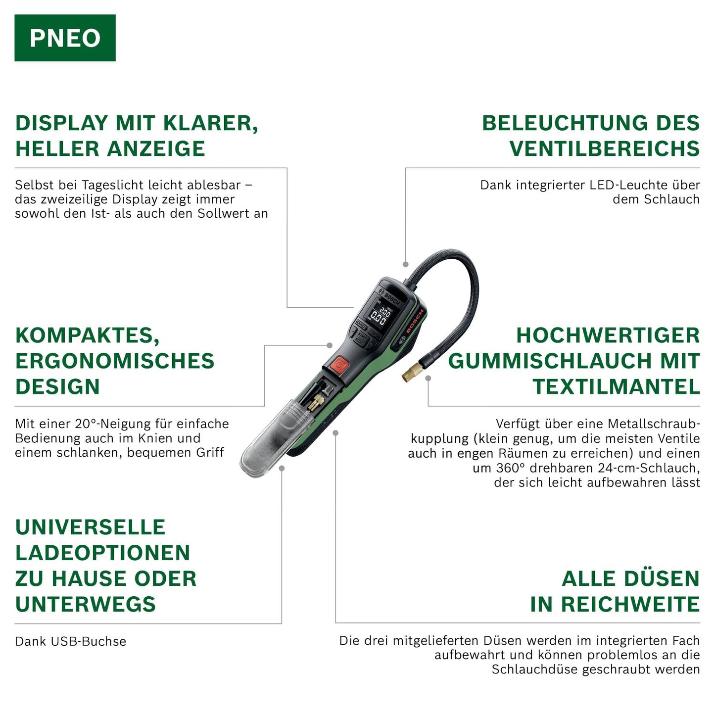 Bosch PNEO cordless bicycle pump/air pump/mini compressor (Compact Power BA 4V 3.0 Ah battery, quick snap adapter, ball needle adapter, Presta valve adapter, balloon adapter, bicycle bag, box) - 0603947501