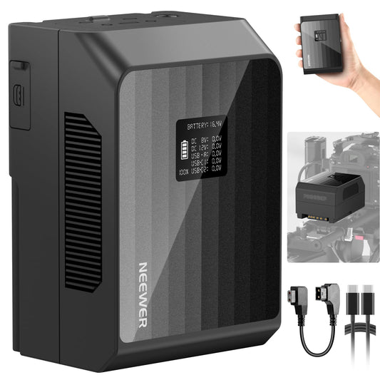 NEEWER Mini V Mount Battery PS099EP, 6800mAh 99Wh 14.5V V Lock Battery with 100W PD Quick Charge, Dual USB C/D Tap/BP/USB A/Dual DC Ports/OLED Screen, Compatible with BMPCC 4k 6k Camcorder Camera