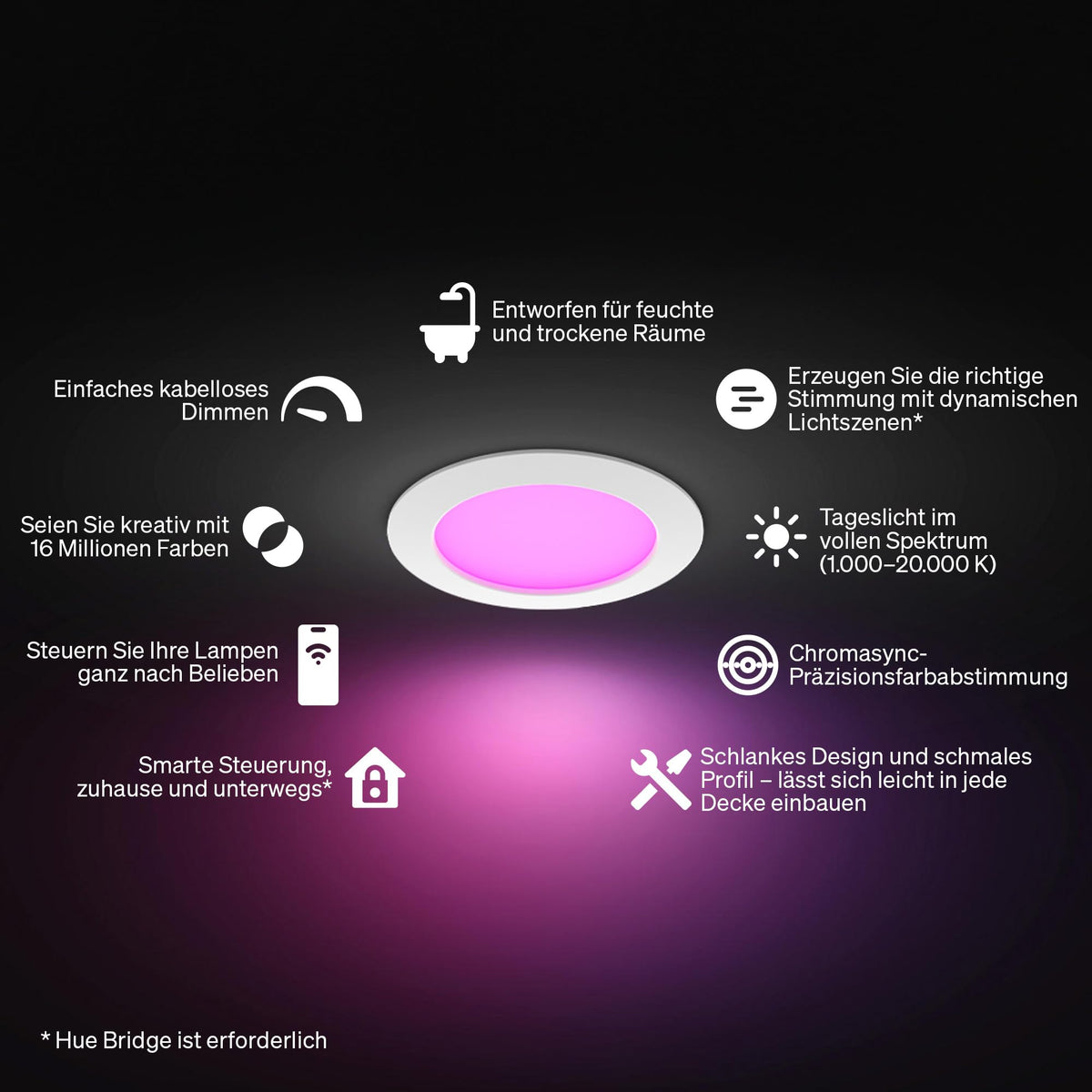 Philips Hue Slim Downlight, spot încastrat cu LED, 1.000 lm, 90 mm, design subțire, lumină de zi cu spectru complet 1.000–20.000 K, dimabil continuu, culoare precisă, iluminat inteligent, alb, pachet de 3 buc. - 929004291201