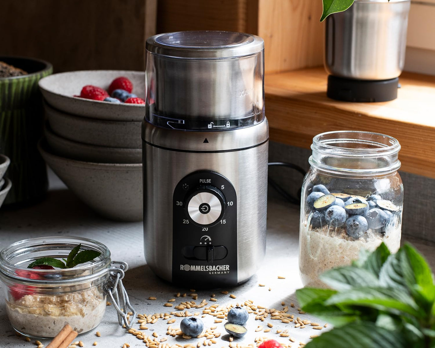 ROMMELSBACHER spice and coffee grinder EGK 250, 2 stainless steel containers with impact knife and special knife, capacity 70 g, grinding level can be selected over the grinding time, also for pesto, spices, nuts, sugar