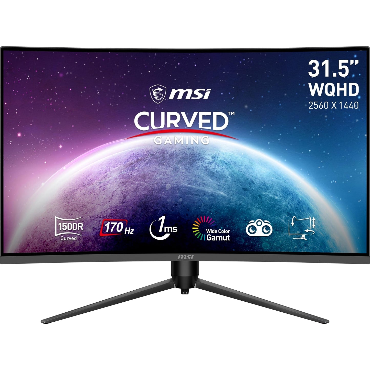 MSI G32CQ5P 31.5 inch (80cm) WQHD Curved Gaming Monitor - 1500R 2560 x 1440 VA panel, 170Hz / 1ms, Adaptive Sync, 3-way adjustable stand - DP 1.2a, HDMI 2.0b CEC - 9S6-3DB44H-027