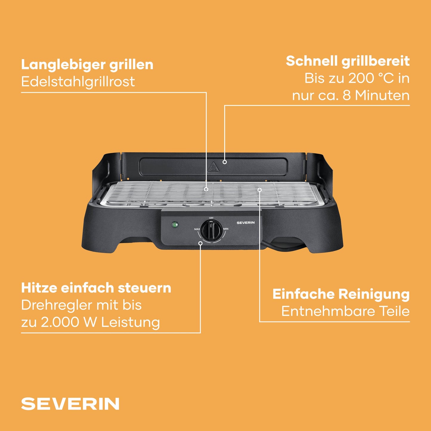 Severin electric grill, temperatures 35-200 degrees Celsius, quick heating, 38x22 cm, table grill with drip tray, stainless steel grill, balcony grill, easy to clean, 2000W, black, PG 8593