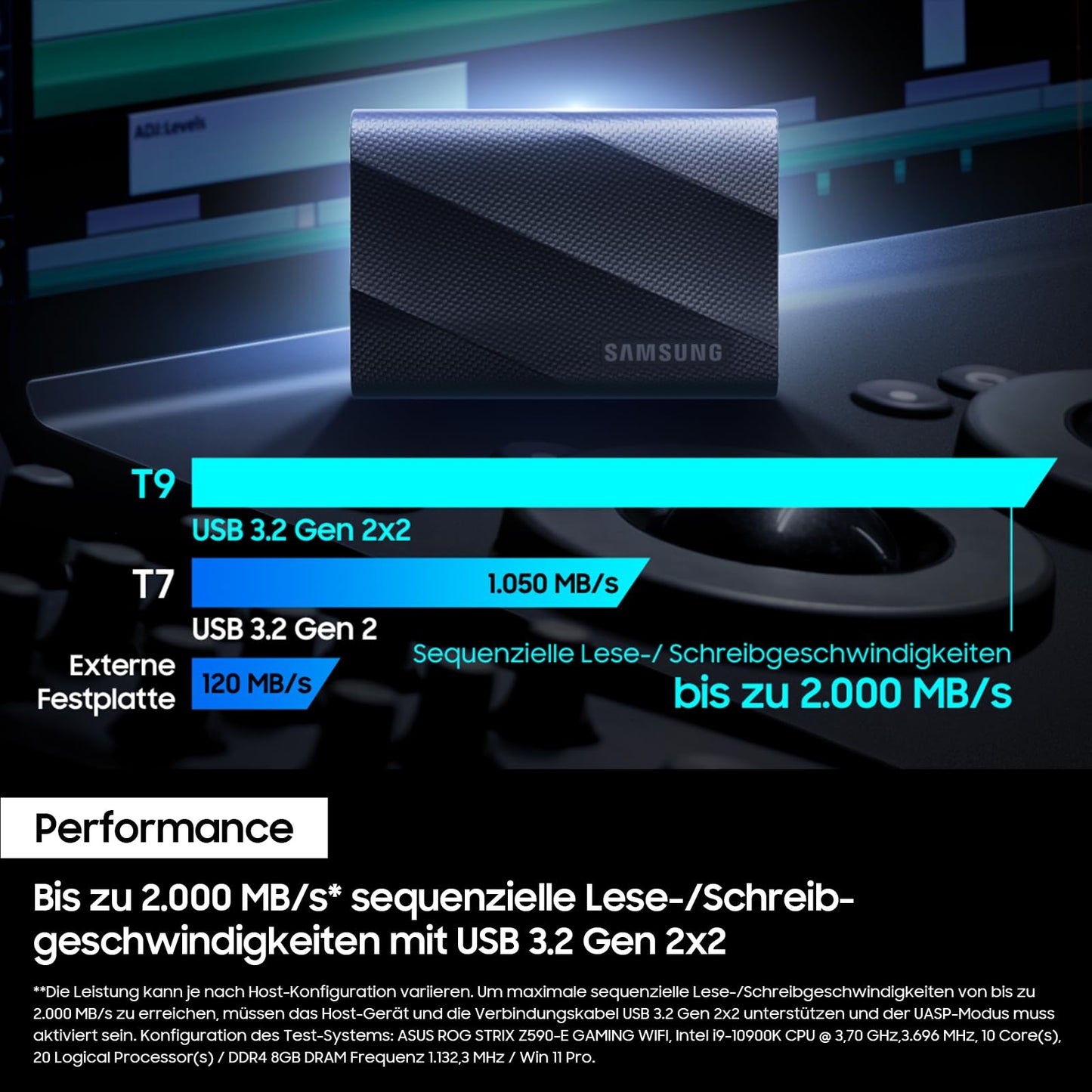 Samsung Portable SSD T9, 1 TB, 2,000 MB/s read, 2,000 MB/s write, USB 3.2 Gen.2x2, external hard drive for professional users, compatible with Mac, PC, smartphone and 12K cameras, MU-PG1T0B/EU