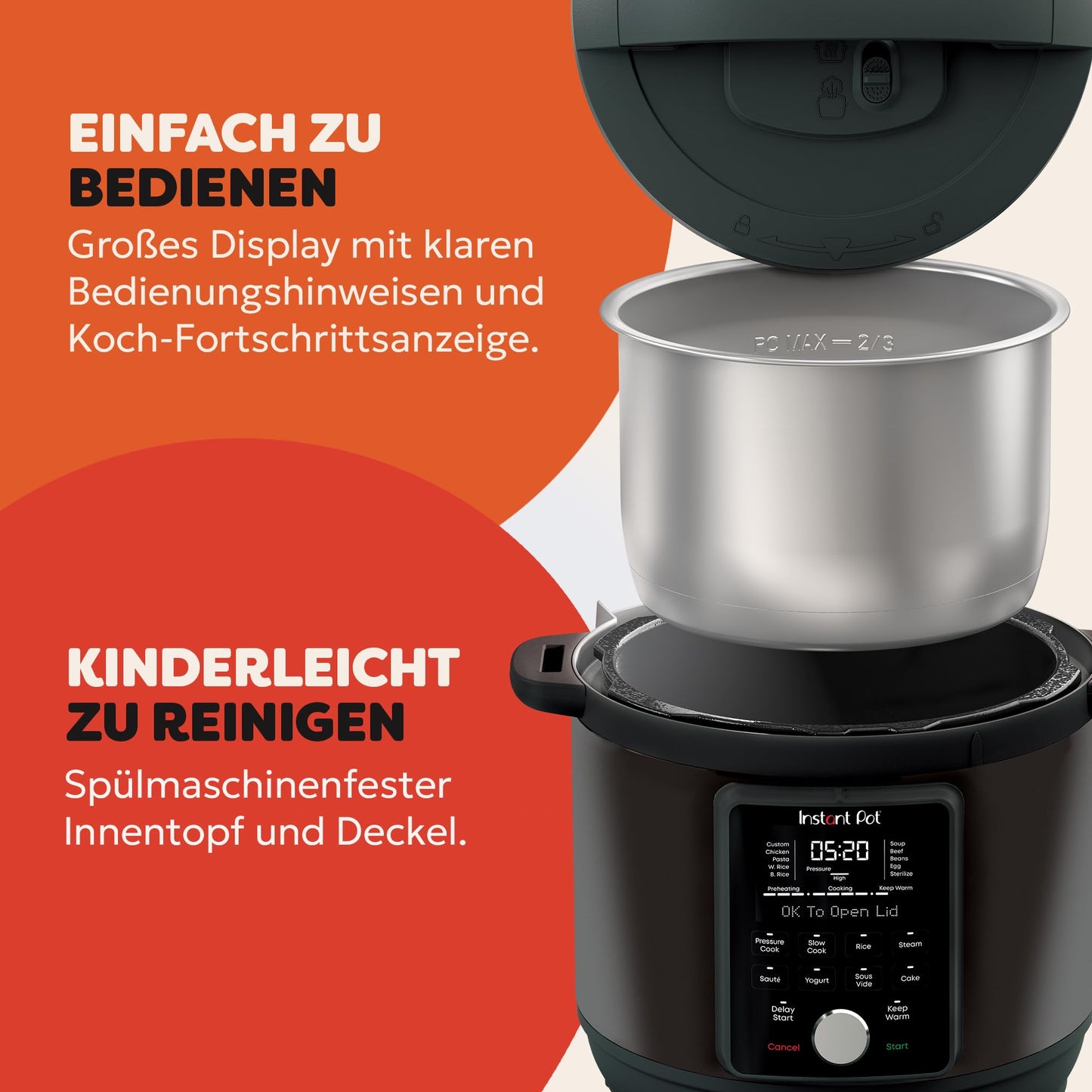 Instant Pot Duo Plus with WhisperQuiet technology, multi-cooker 5.7 L - pressure cooker, slow cooker, rice cooker, sauté pan, yogurt maker, keep warm function, steamer, vacuum cooker, cake baking - DPPC604