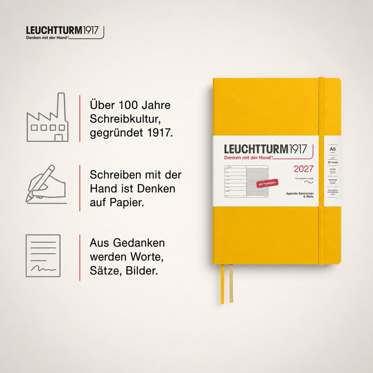 LEUCHTTURM1917 calendar săptămânal 2027 mediu (A5) cu caiet, cu linii - planificator de întâlniri francez, floarea soarelui, copertă moale, ianuarie-decembrie 2027, prezentare săptămânală în stânga + pagina de note în dreapta - 400390