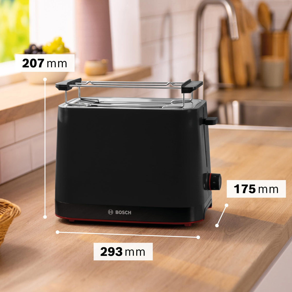 Bosch Compact Toaster MyMoment TAT3M123, removable foldable bun warmer, with defrost function, automatic shut-off, lift function, bread centering, ideal for 2 slices, 800 Watts, matte black