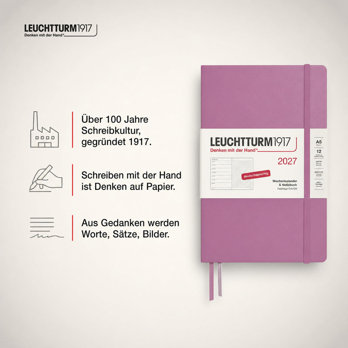 LEUCHTTURM1917 Calendar săptămânal 2027 punctat mediu (A5) cu caiet - Planificator de întâlniri german, Dusty Rose, ianuarie-decembrie 2027, Prezentare generală săptămânală în stânga + Pagina de note în dreapta - 400091