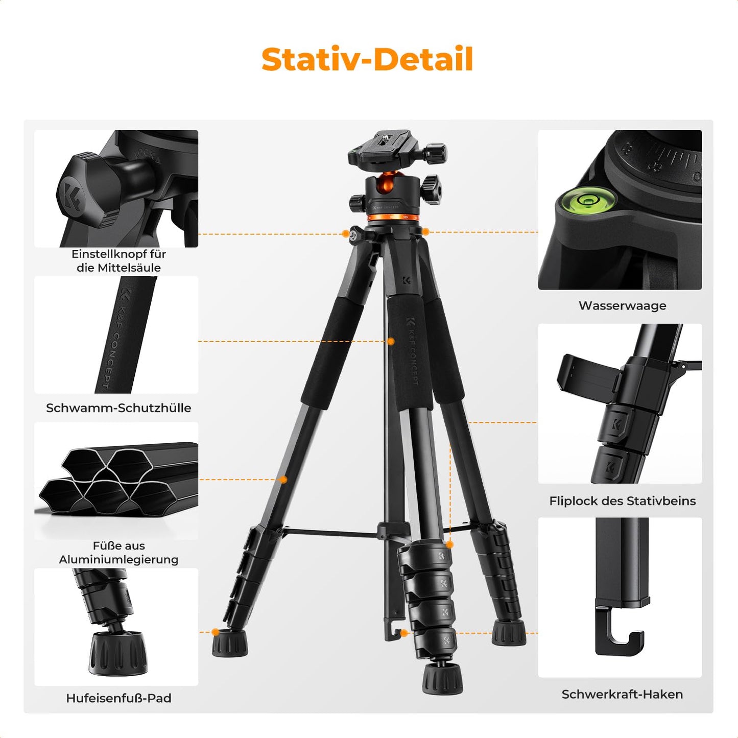 K&F CONCEPT Black Aluminum Camera Tripod S255A3+BH-36.190cm Mobile Phone Tripod, Tripod for Canon Nikon Sony Camera/DSLR/Camcorder, Tripod for Smartphone, Travel Tripod with Mobile Phone Tablet Holder