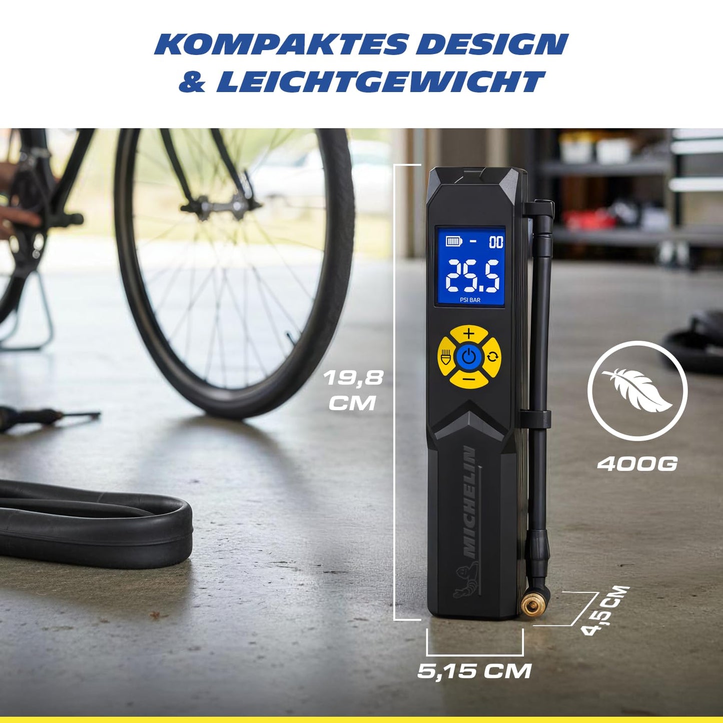 MICHELIN Air Power Mini 1 Li-ion battery mini compressor wireless - electric air pump 9.9 bar with digital display, auto stop & LED for cars, bicycles, e-bikes and motorcycles - 009528