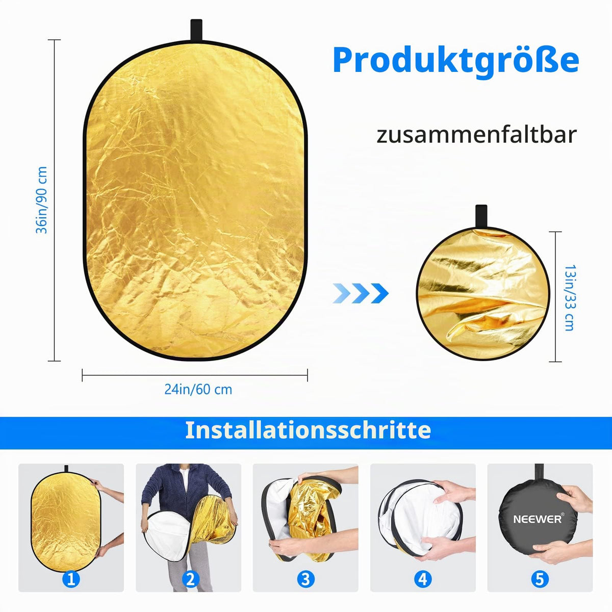 NEEWER 5 in 1 Reflector 24"x36"/60x90cm Light Reflector for Photography, Portable Foldable Multi Disc with Bag - Translucent, Silver, Gold, Black, White Diffuser for Studio and Outdoor Lighting - 88008128
