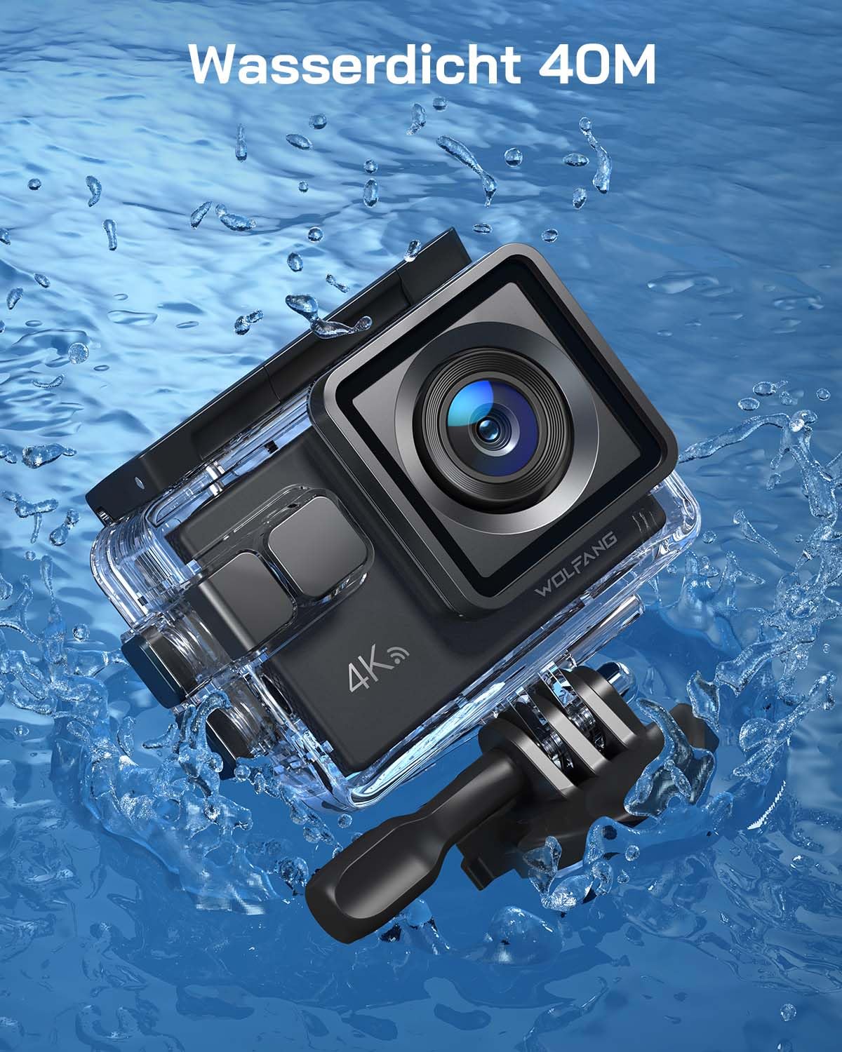 WOLFANG GA100 Action Cam 4K 20MP Underwater Camera WiFi 40M Waterproof EIS Image Stabilizer Helmet Camera 170° Wide Angle Camcorder (External Microphone, 2.4G Remote Control, 2 Batteries and Accessory Kit)