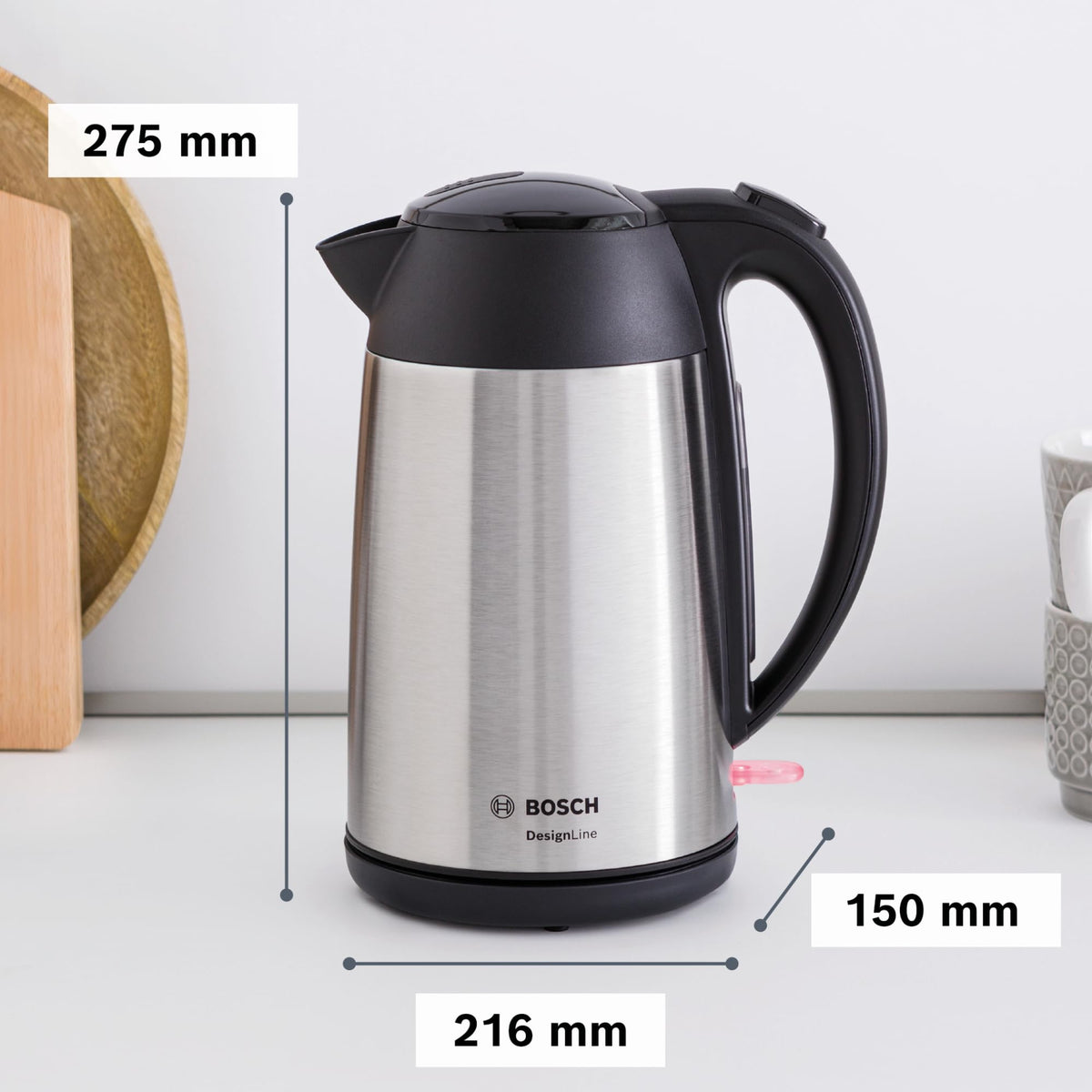 Bosch cordless kettle DesignLine TWK3P420, spill-free pouring, cup indicator, overheating protection, 1.7 L, 2400 W, stainless steel/black