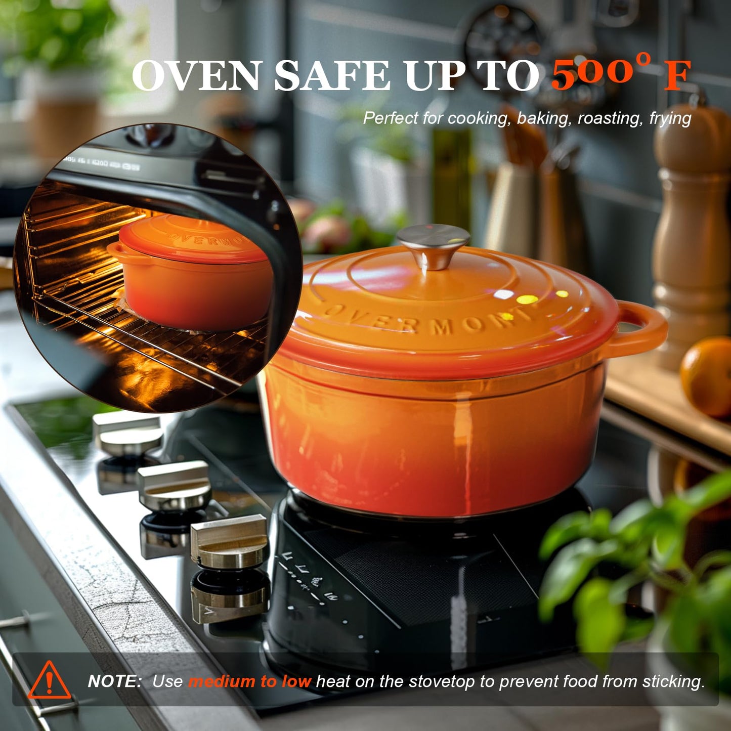 Overmont roasting pan enamel cast iron pot - casserole 24cm oven-safe - with lid and cookbook - for kitchen baking stewing roasting orange - Enamelled