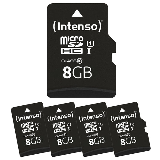 Intenso microSD card Premium Multipack, 5X 8GB, Micro SDHC, for smartphone, tablet, camera, PC and game console, waterproof, X-ray-proof, temperature-proof, drop-proof, up to 90 MB/s - 3423565