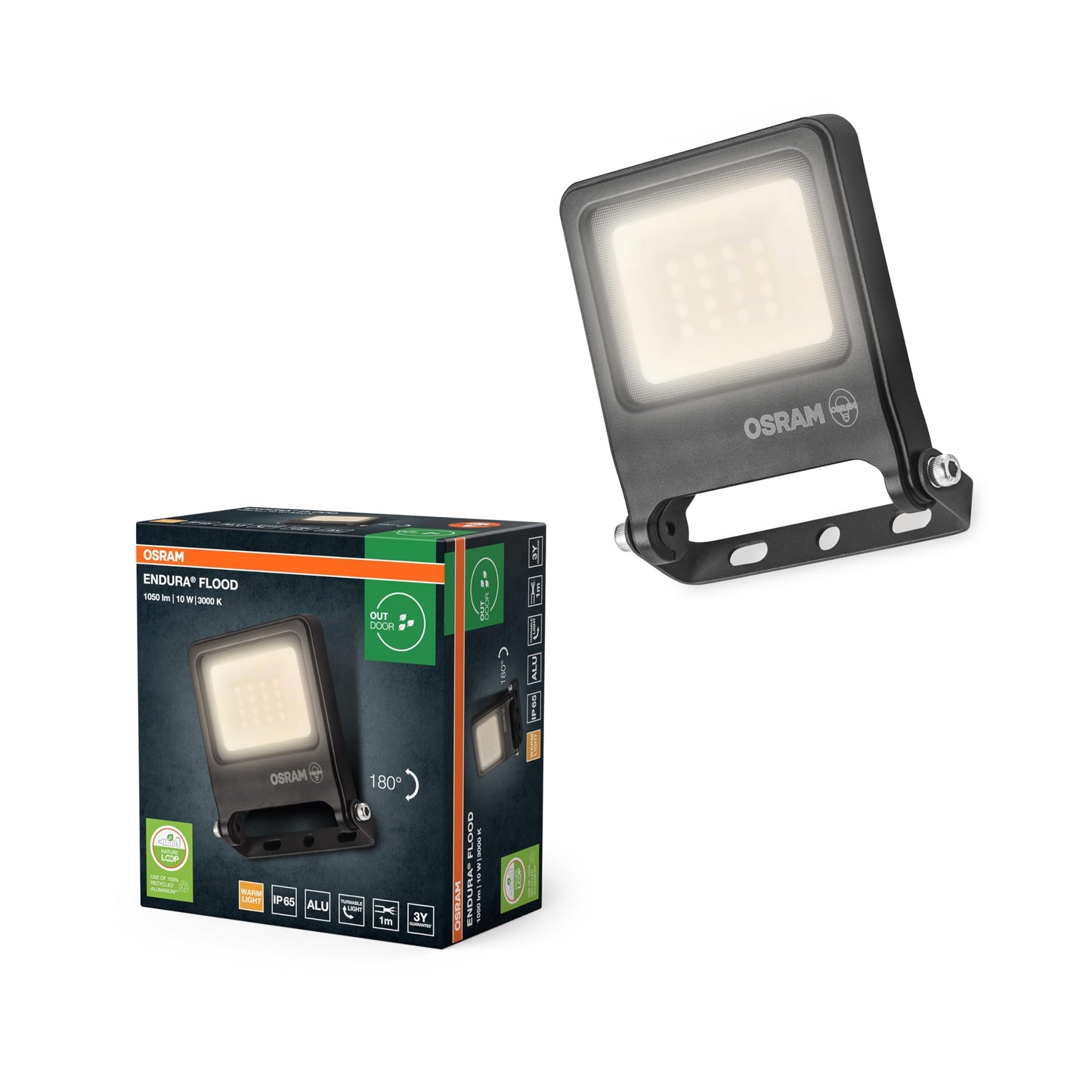 Osram ENDURA FLOOD PC 10W LED floodlight, 3000K warm white, 1000 lumens, IP65 floodlight weatherproof, recycled aluminum, 110° angle, dark gray (pack of 4) - 4099854486326