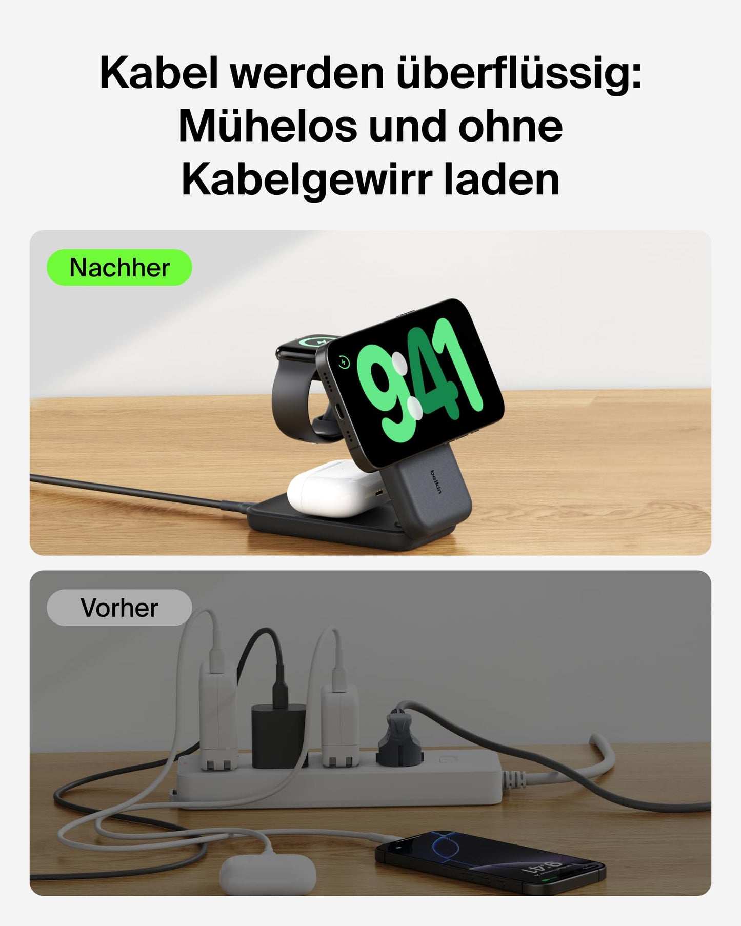 Belkin UltraCharge 3 in 1 charging station with Qi2.2, 25W, charger MagSafe compatible, inductive charging station for iPhone 17, iPhone Air, Apple Watch, AirPods, Pixelsnap, with 45 W adapter - black - WIZ036kqBK
