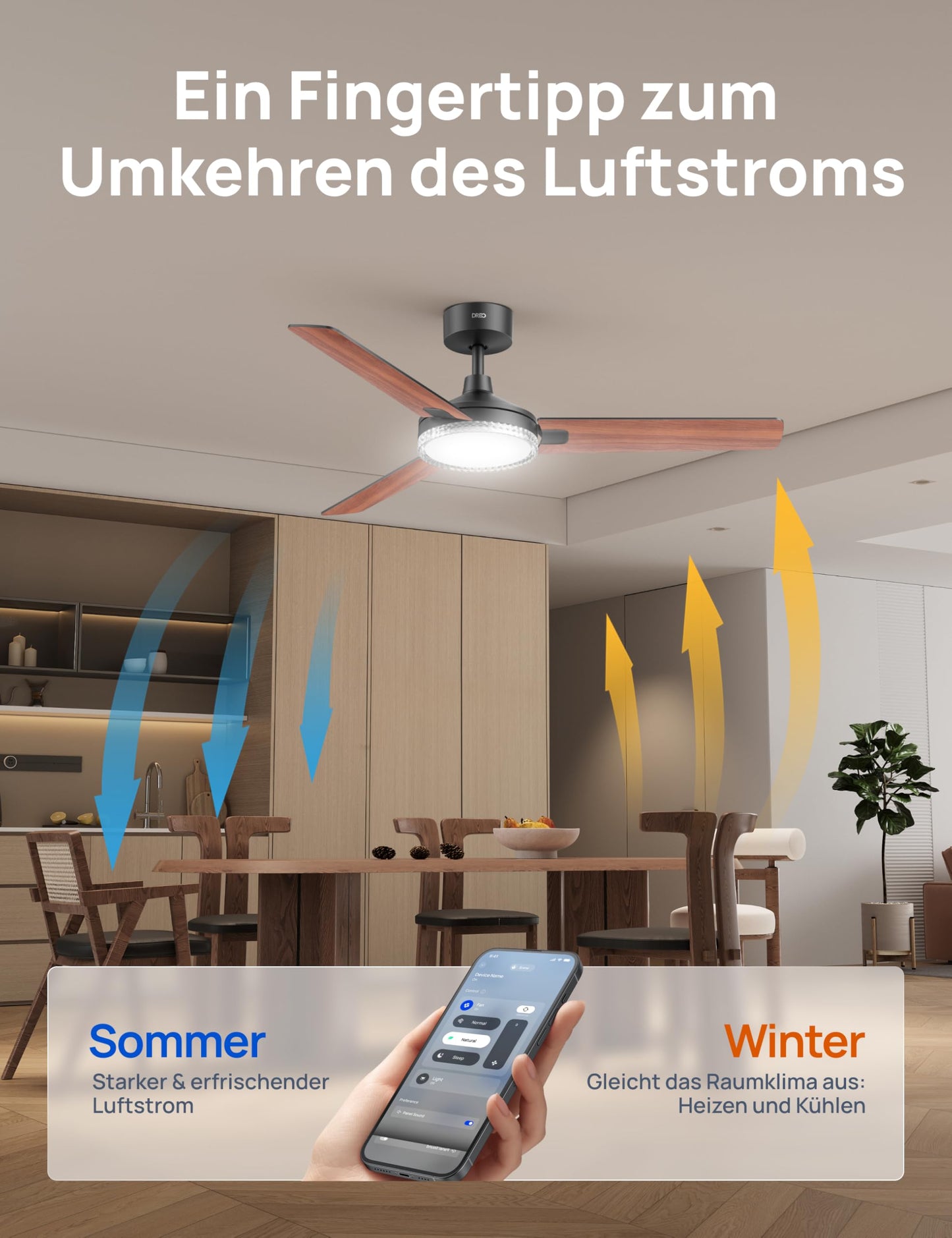 DREO Smart Ceiling Fan with Light, 132cm, 12 Speeds & 3 Modes, Continuous Color Temperature, Dimmable LED, 1-12 Hour Timer, Quiet DC Motor, App & Alexa Control, Wall Switch, Black - DR-HCF004S