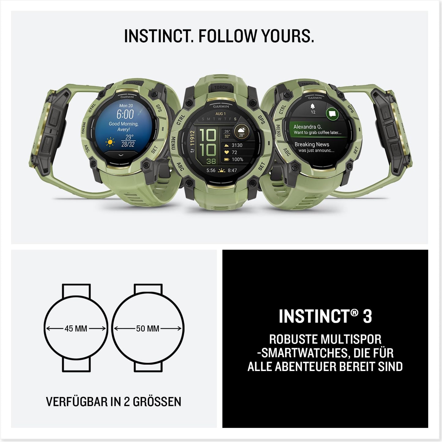 Garmin Instinct 3 50mm AMOLED - GPS multisport smartwatch, 1.3" display, up to 24 days battery life, 80+ sports apps, navigation function, smart features, LED flashlight, waterproof - 010-03020-02