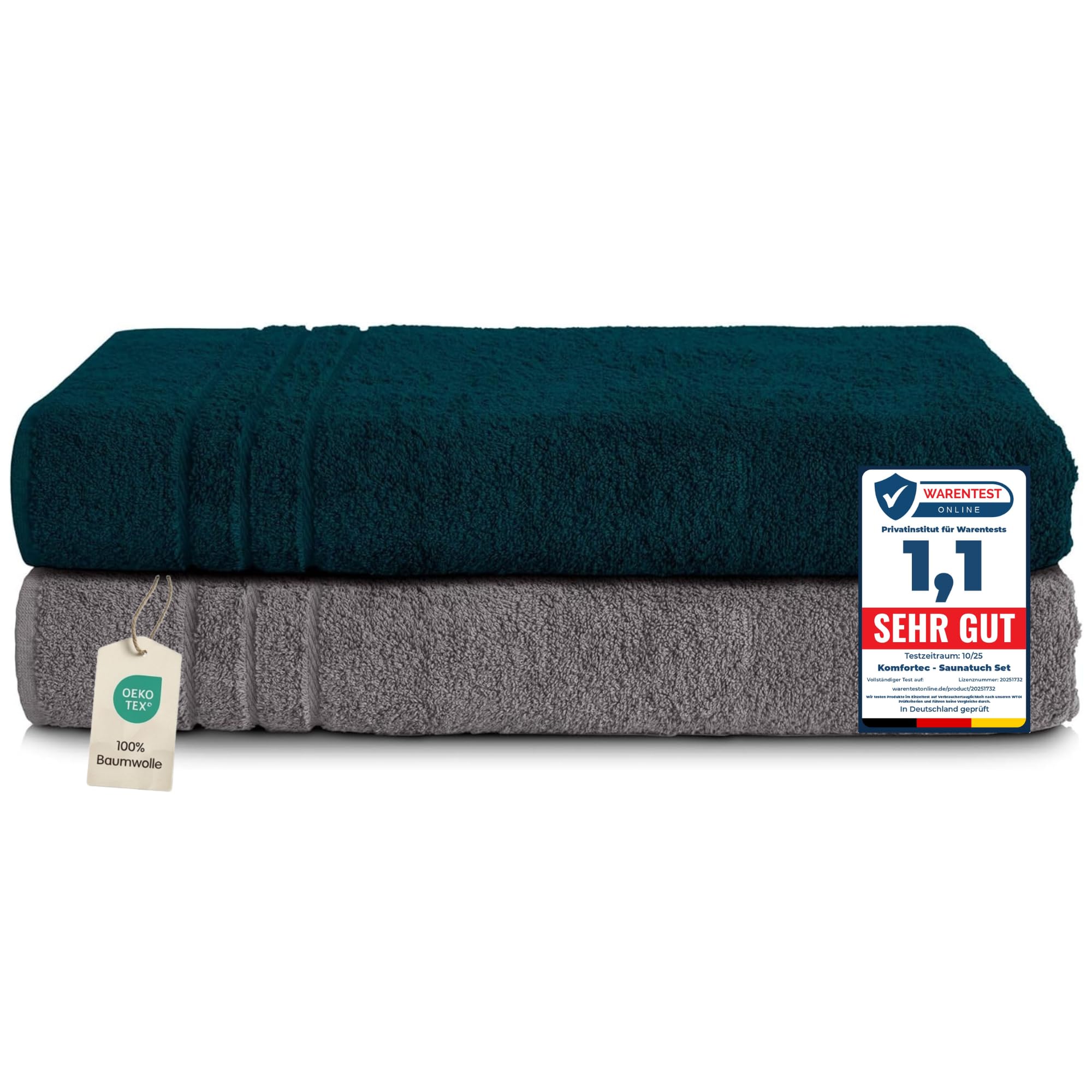 Komfortec 2 set prosoape de saună 80x200 cm, prosoape mari de saună din bumbac 100%, pufoase și absorbante, cu uscare rapidă, gri antracit/petrol - 2 buc-80x200-antracit-petrol