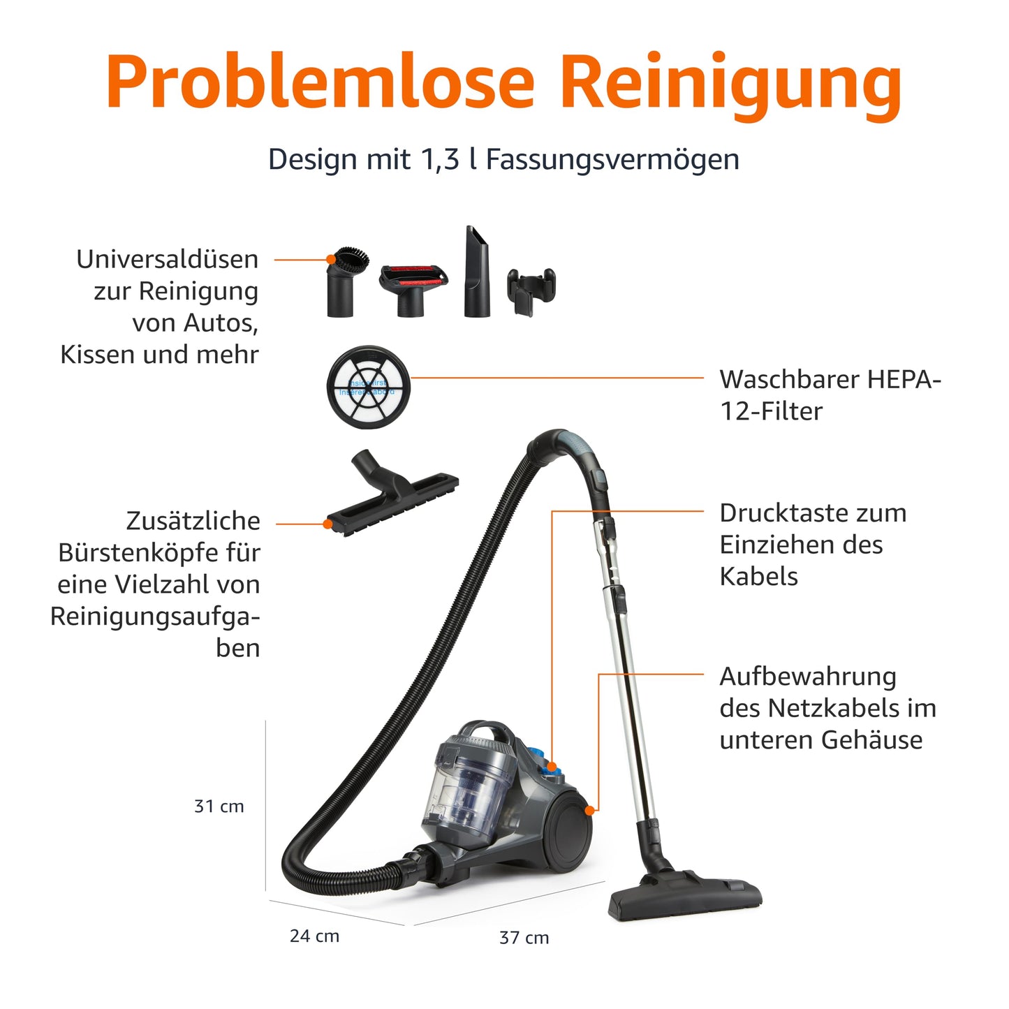 Amazon Basics vacuum cleaner without bag 1.3L compact lightweight with 3-way action nozzle, HEPA filter, 850W, for carpets and hard floors, gray - VCS35B15KOM-85