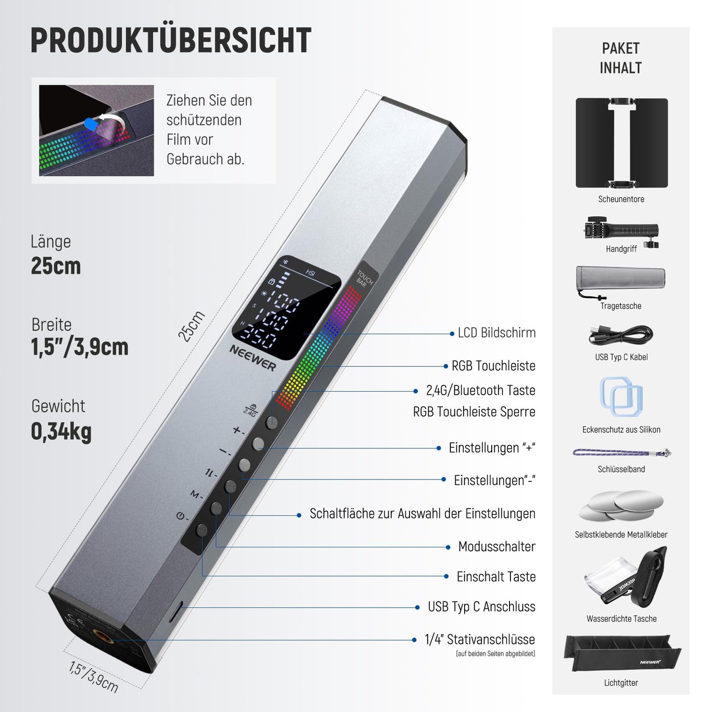 NEEWER RGB1 LED video light light stick with metal barndoor, touch bar/APP control, magnetic light stick RGB video light, 3200K-5600K CRI98+ dimmable handheld light stick with 6400mAh battery, 17 scenes