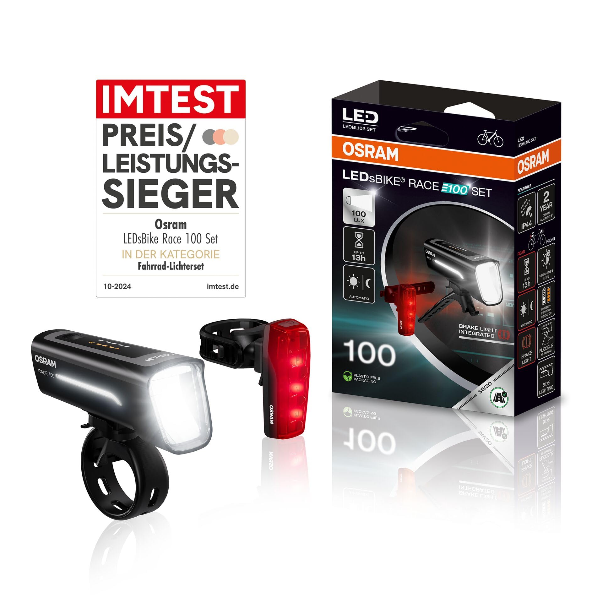 OSRAM LEDsBIKE Race 100 Set, rechargeable bicycle light set, StVZO-approved front and rear LED light set with brake light, multiple lighting modes, THREE brightness levels, 100 lux - LEDBL103