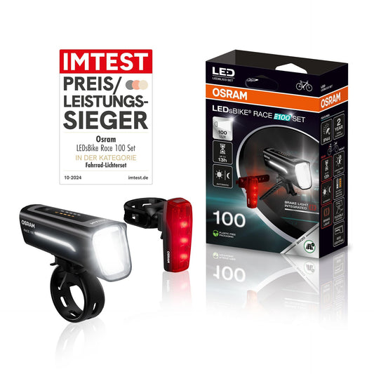 OSRAM LEDsBIKE Race 100 Set, rechargeable bicycle light set, StVZO-approved front and rear LED light set with brake light, multiple lighting modes, THREE brightness levels, 100 lux - LEDBL103