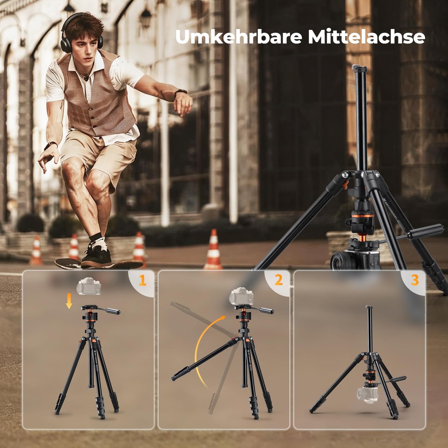 K&F CONCEPT Black 182CM Compact Aluminum Camera Tripod, Portable Travel Video Tripod, Compatible with iPhone, Load Capacity 8KG, Arca-Swiss Ball Head for DSLR and Mirrorless Cameras O234A3+BH-36
