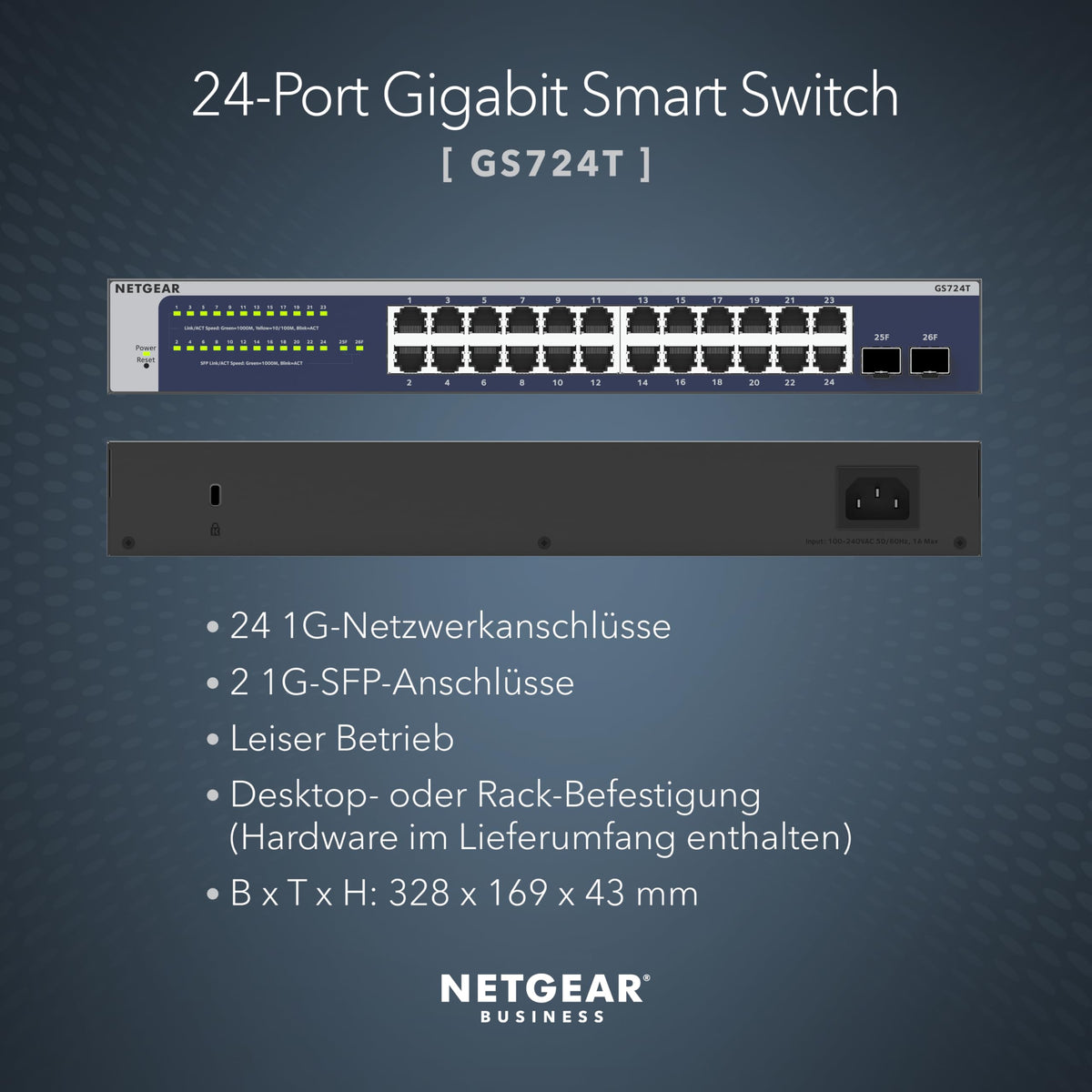 NETGEAR Switch Smart Gigabit Ethernet cu 24 porturi (GS724T) gestionat, opțional cu management cloud Insight pentru 1 an, cu 2 SFP de 1G, montabil pe birou și rack, și garanție limitată pe durata utilizării. - GS724T-600EUS