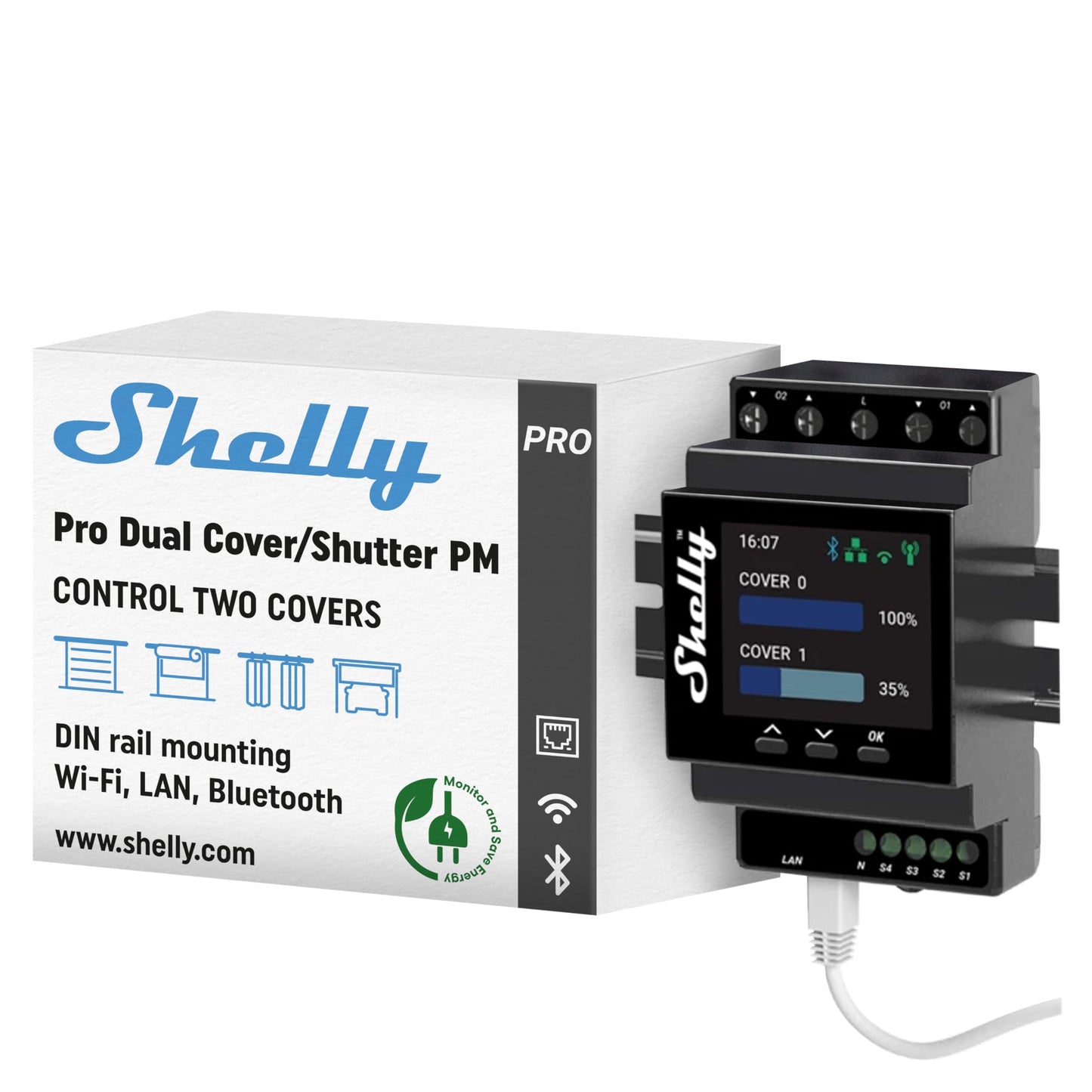 Shelly Pro Dual Cover/Shutter PM | LAN & WLAN Professional DIN Rail Smart Blinds Controller - 16 A | Home automation | No Hub Required | Alexa & Google Home | Performance measurement - 3800235268124
