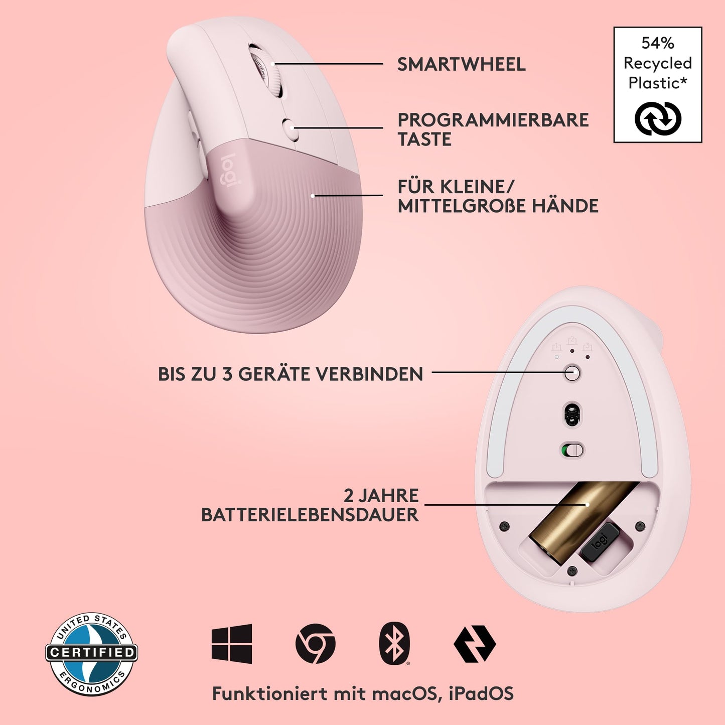 Logitech Lift Vertical Ergonomic Mouse, Wireless, Bluetooth or Logi Bolt USB Receiver, Quiet Clicks, 4 Buttons, Compatible with Windows/macOS/iPadOS, Laptop, PC - Pink - 910-006478