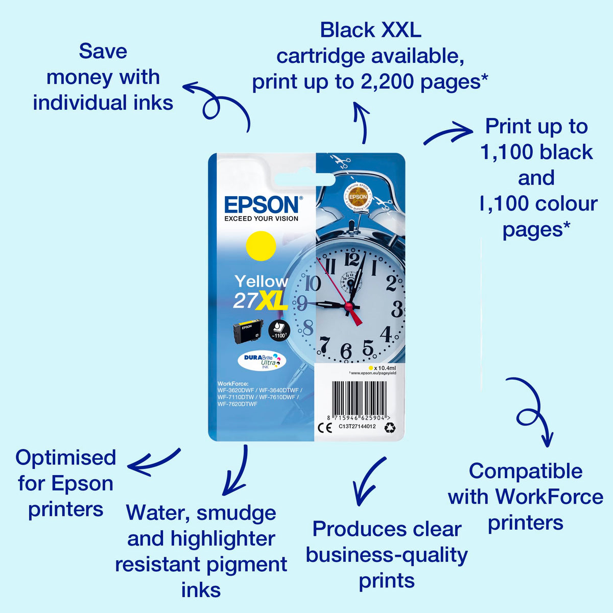Epson Original 27XL Cerneală Wecker (WF-3620DWF, WF-3640DTWF, WF-7110DTW, WF-7210DTW, WF-7610DWF, WF-7620DTWF, WF-7710DWF, WF-7715DWF, WF-7720DTWF), galben - 235M230