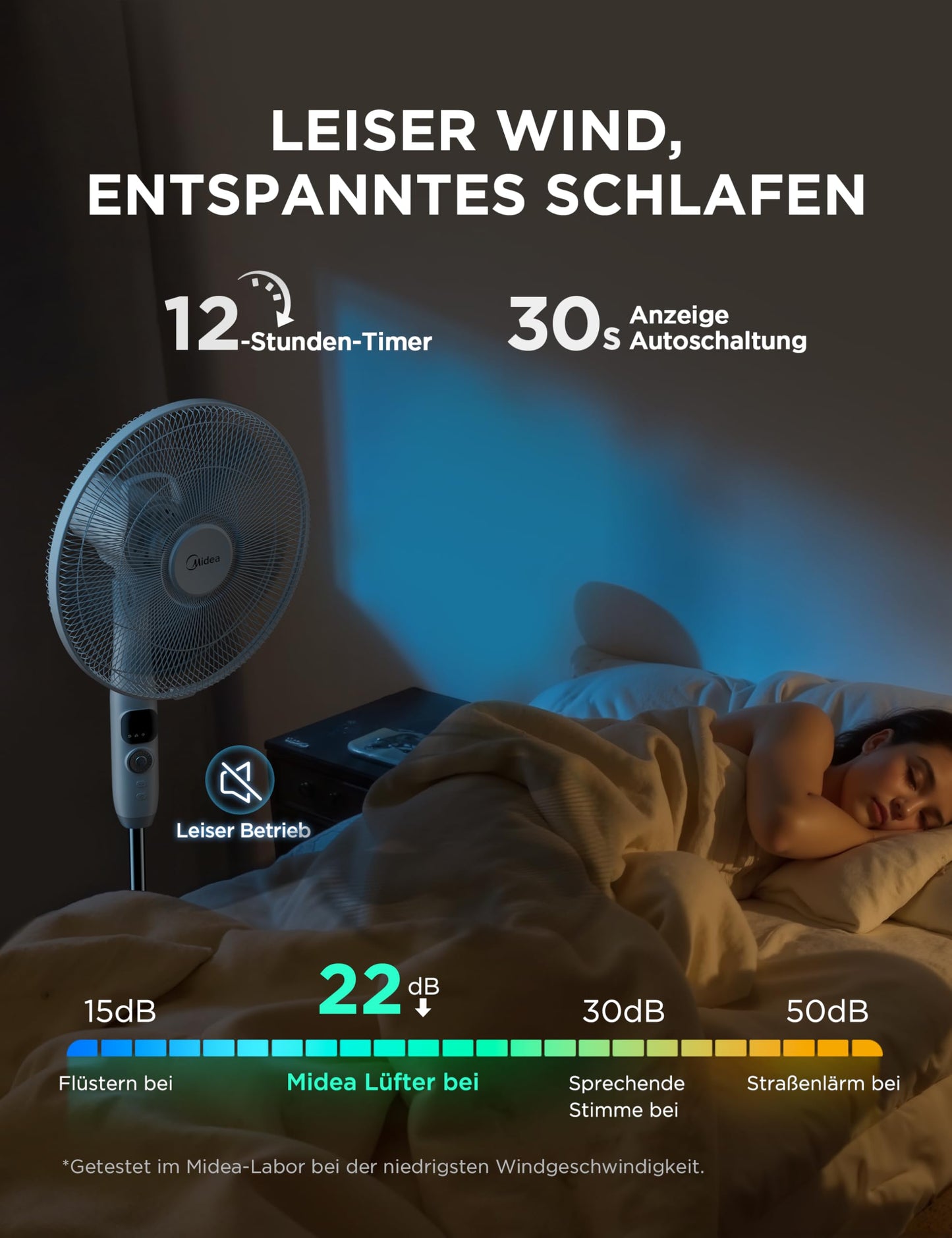 Midea FS40-16CR DC motor pedestal fan quiet Extreme, with remote control, 12 speeds, 12H timer, 4 modes, LED display, energy saving, 22 dB, height adjustable, air circulation, white