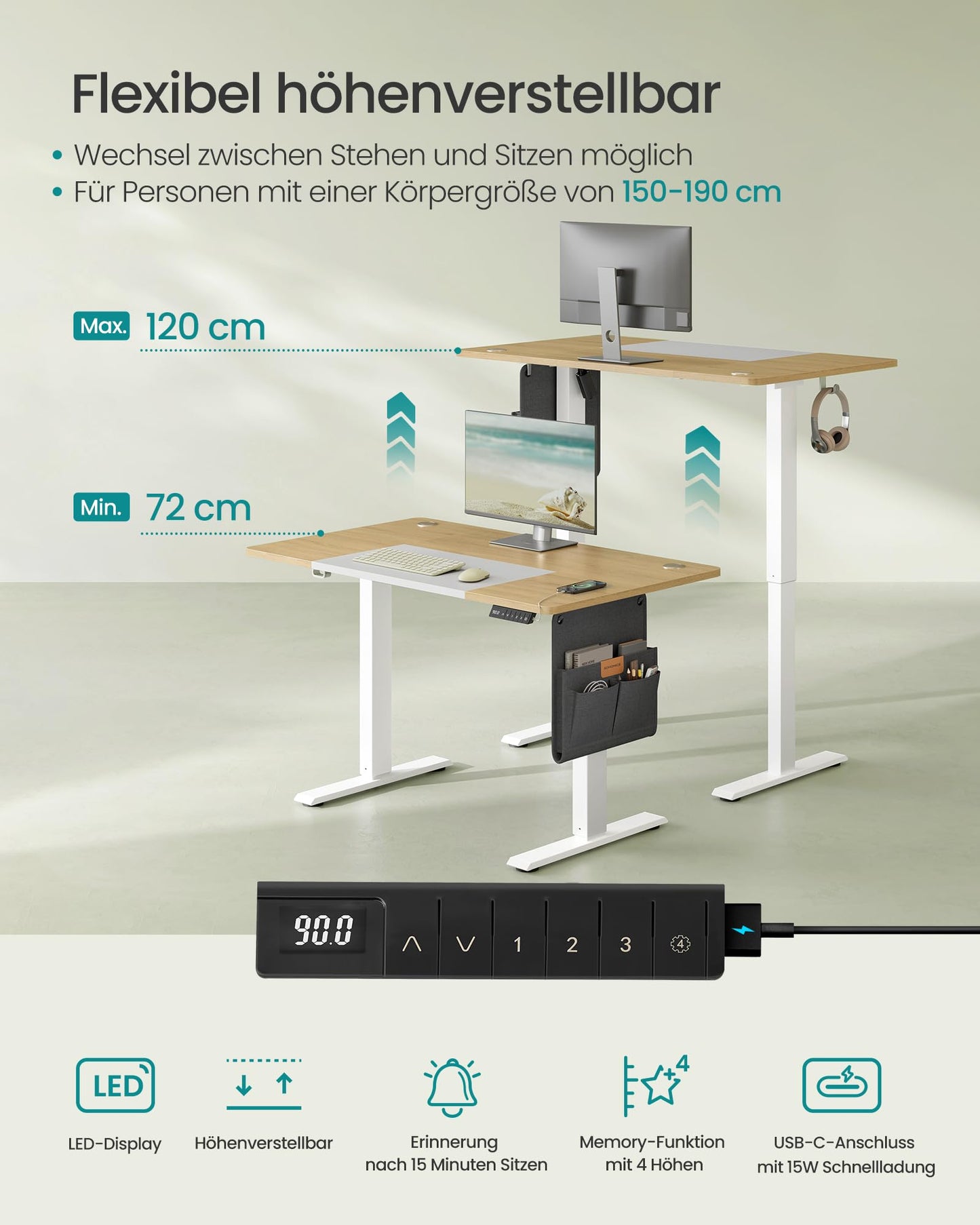 SONGMICS Electric height-adjustable desk, 120 x 60 cm, infinitely adjustable, memory function with 4 heights, natural oak color-matt white LSD015N01