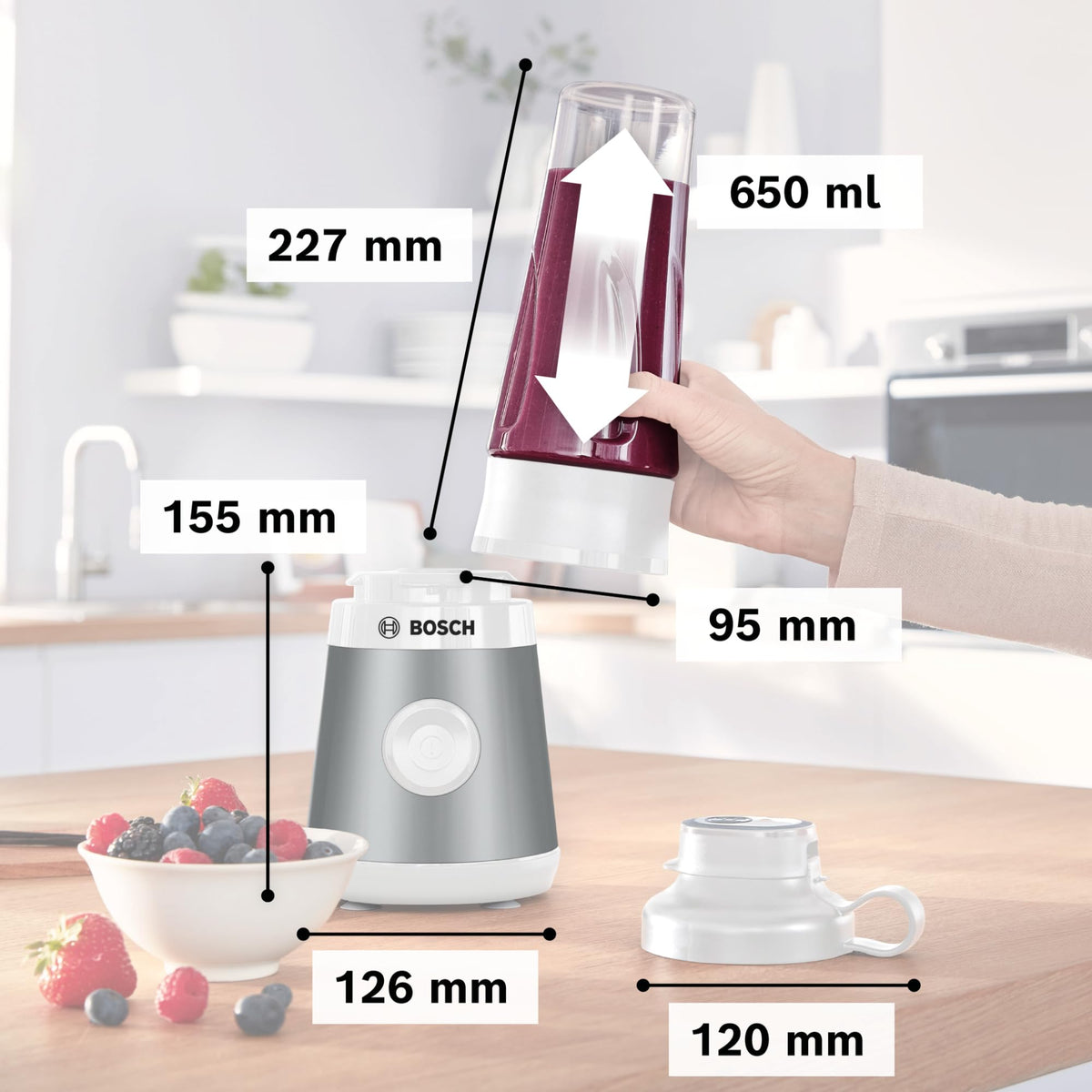Bosch Mini Stand Mixer, Smoothie Maker, Mini High-Speed Mixer, up to 40,000 rpm, 450 W, ToGo Bottle, 4-Blade Knife, dishwasher-safe parts, Made in Europe, VitaPower Series 2 MMB2111T