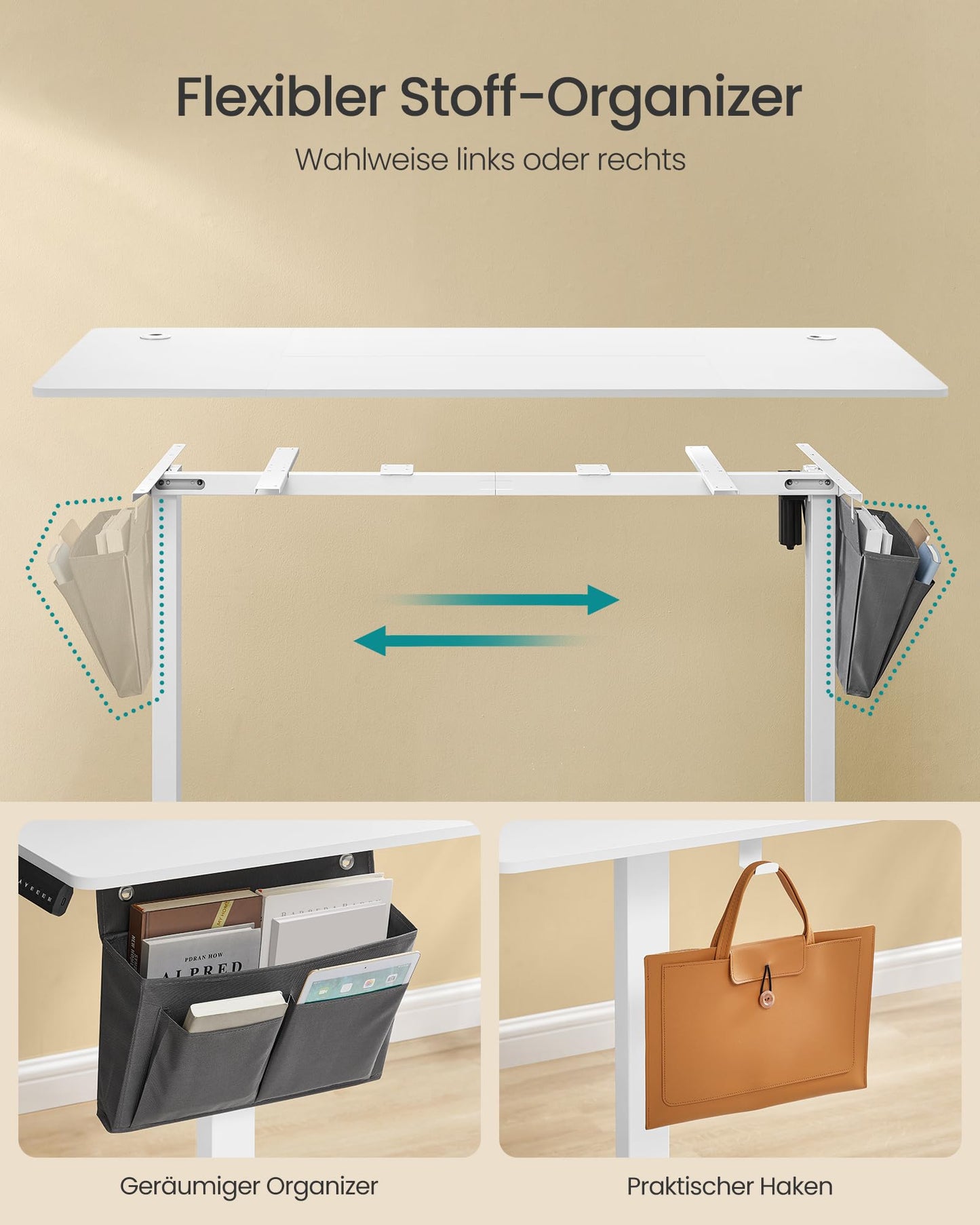 SONGMICS Electric height-adjustable desk, 160 x 70 cm, continuously adjustable, memory function with 4 heights, cloud white LSD136W01