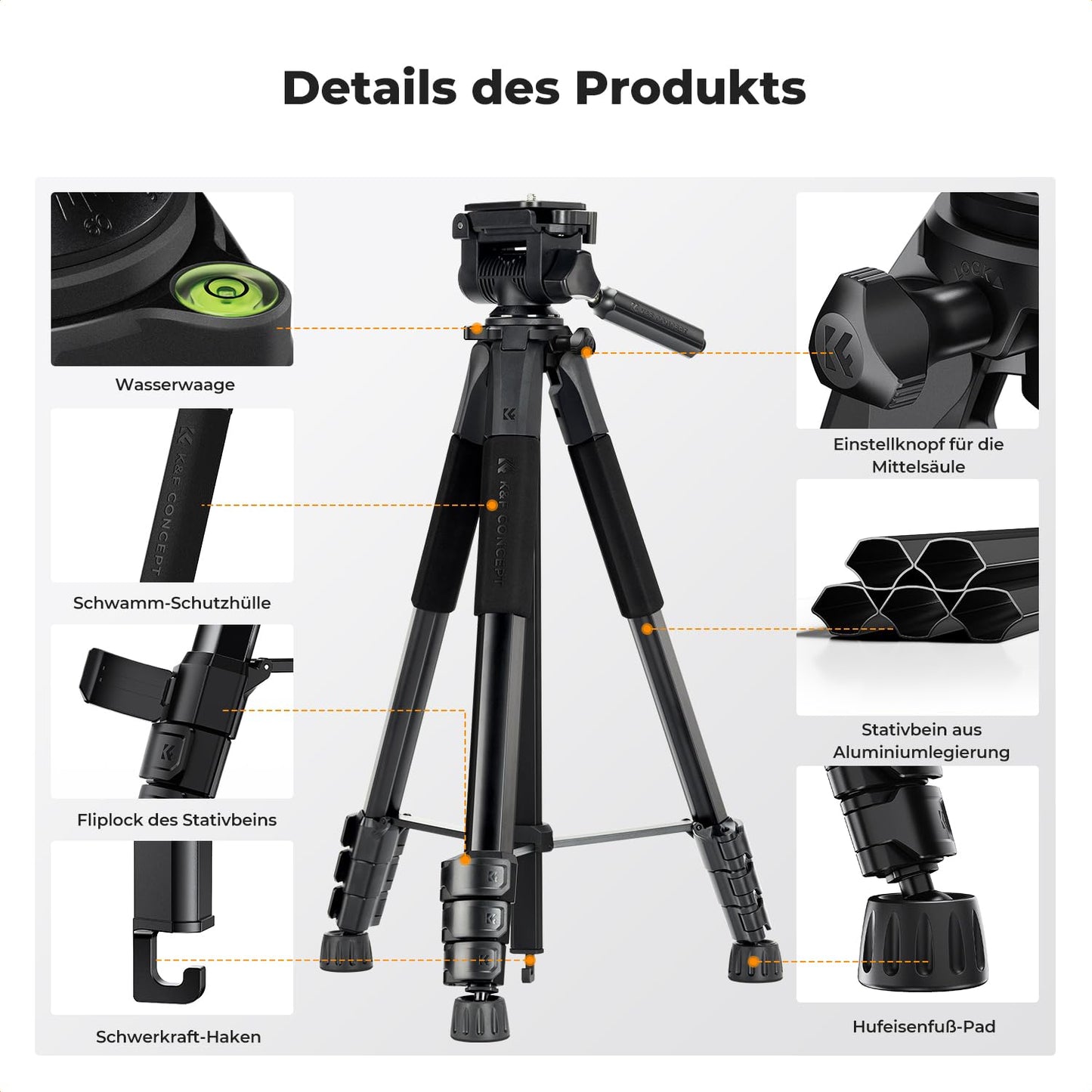 K&F CONCEPT Black Aluminum Camera Tripod S254A3+BV01, Lightweight Tripod with Bag, 172cm Mobile Phone Tripod, for Canon Nikon Sony Camera/DSLR/Camcorder/Smartphone, Travel Tripod with Mobile Phone Tablet Holder
