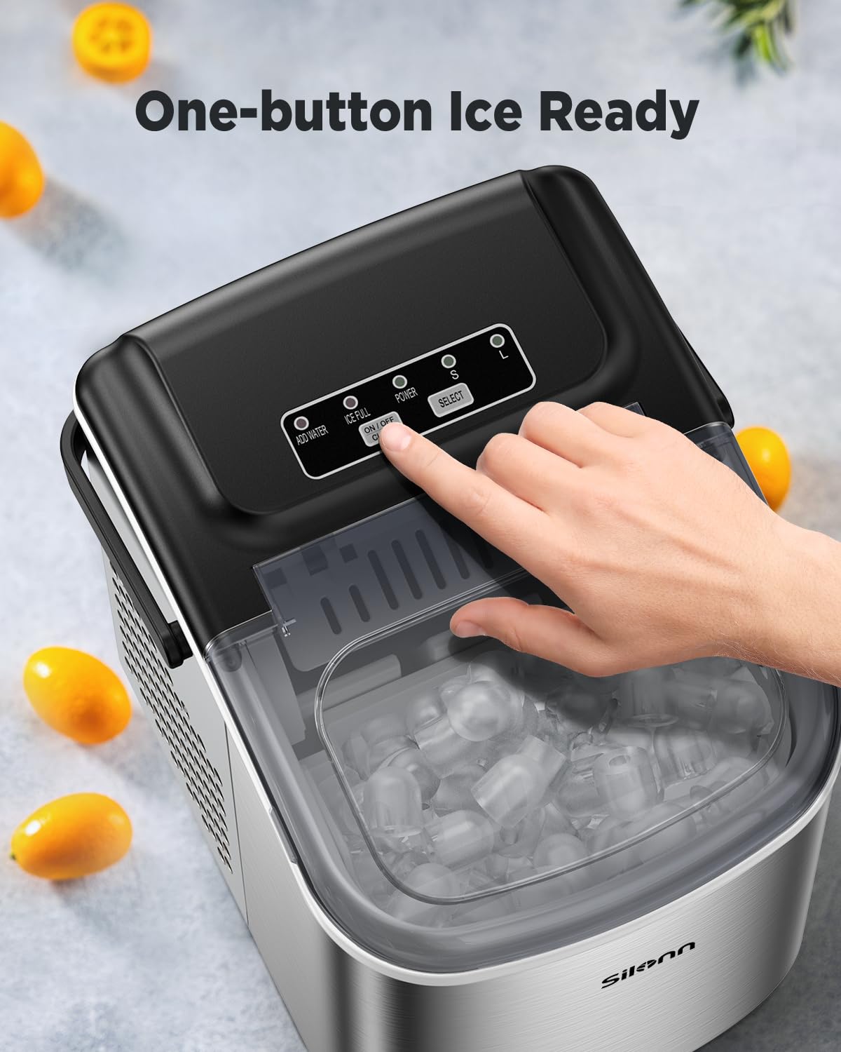 Silonn ice cube machine, small ice cube machine with carrying handle, 9 ice cubes in just 6 minutes, 12 kg of ice in 24 hours. Self-cleaning, compact with 2 ice sizes, ideal for kitchen, office and parties, silver - SLIM09T