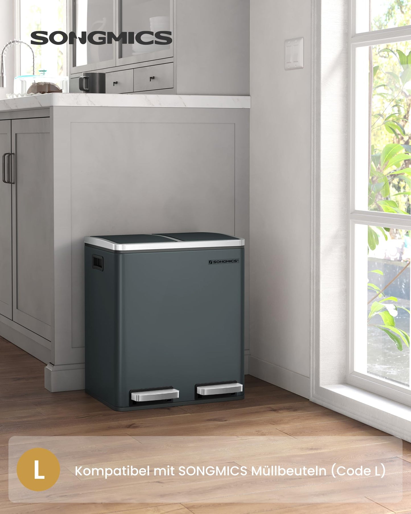 SONGMICS kitchen rubbish bin, 2 x 15 liters, waste separation system 2 compartments, including 15 rubbish bags, rubbish bin, pedal bin, recyclable waste, organic waste, soft close lid, green-grey LTB30GS